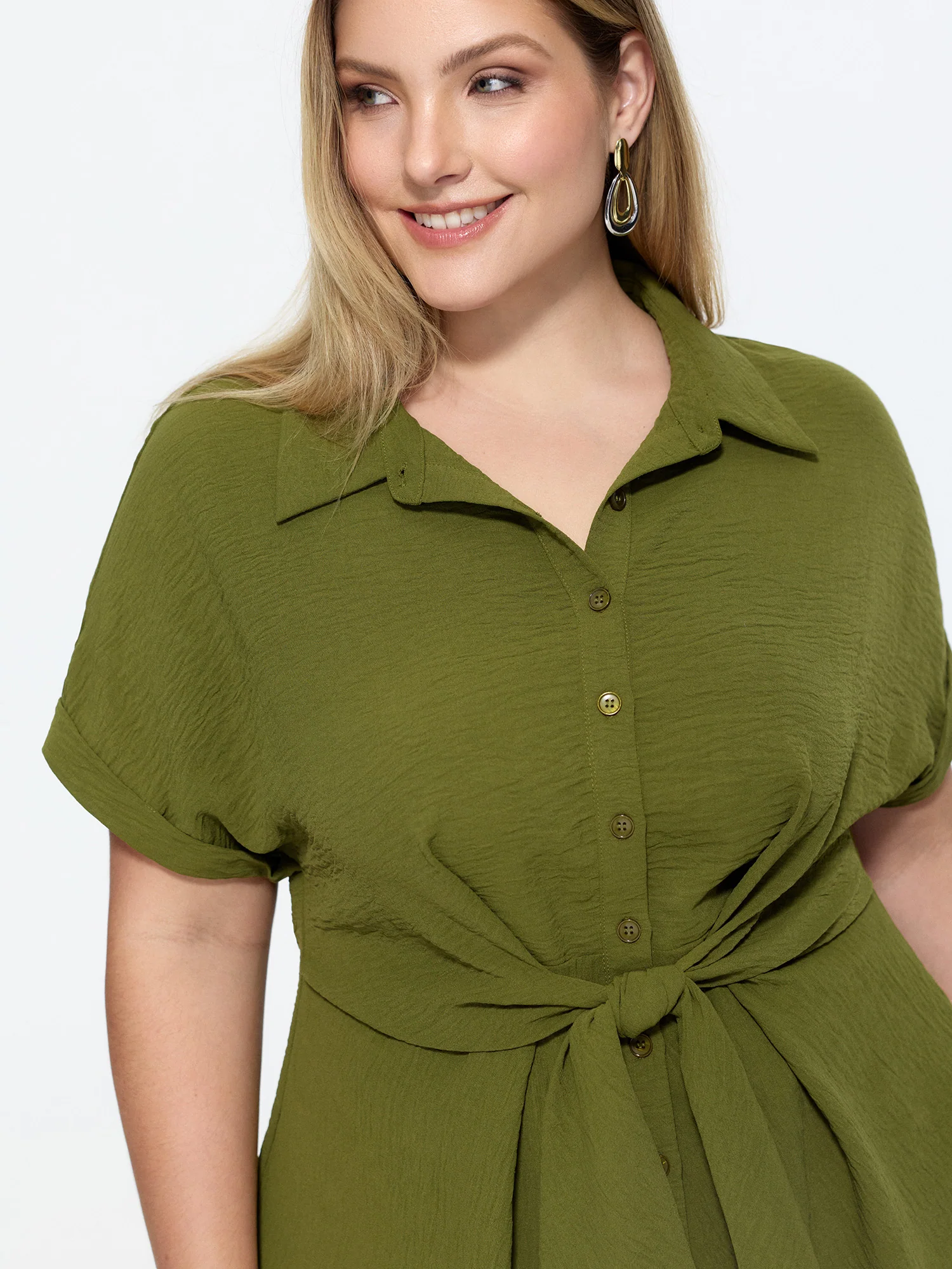 Tie-Front Waist Button-Down Blouse