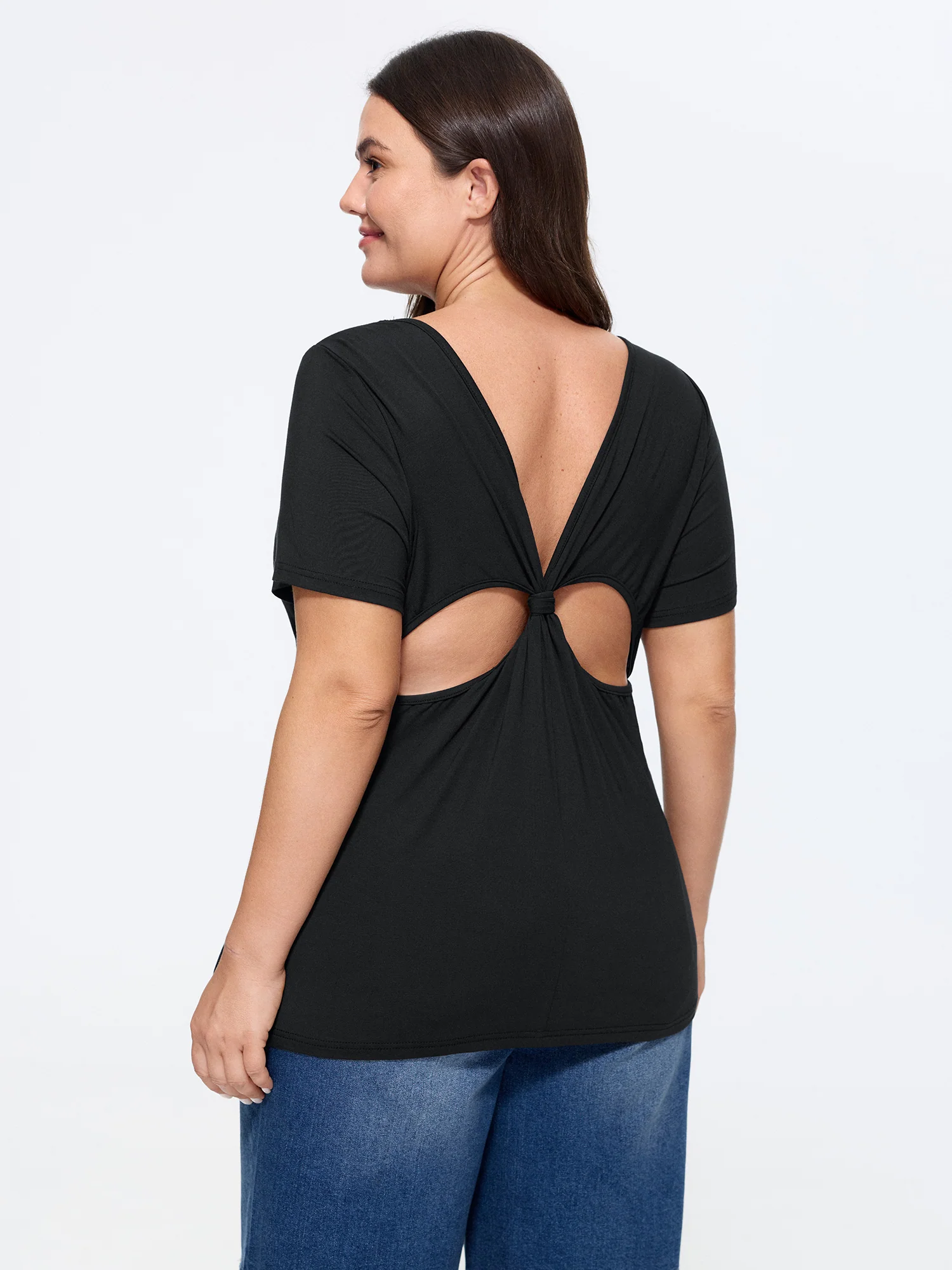 Knotted Back Cut Out Fitted Plain T-Shirt