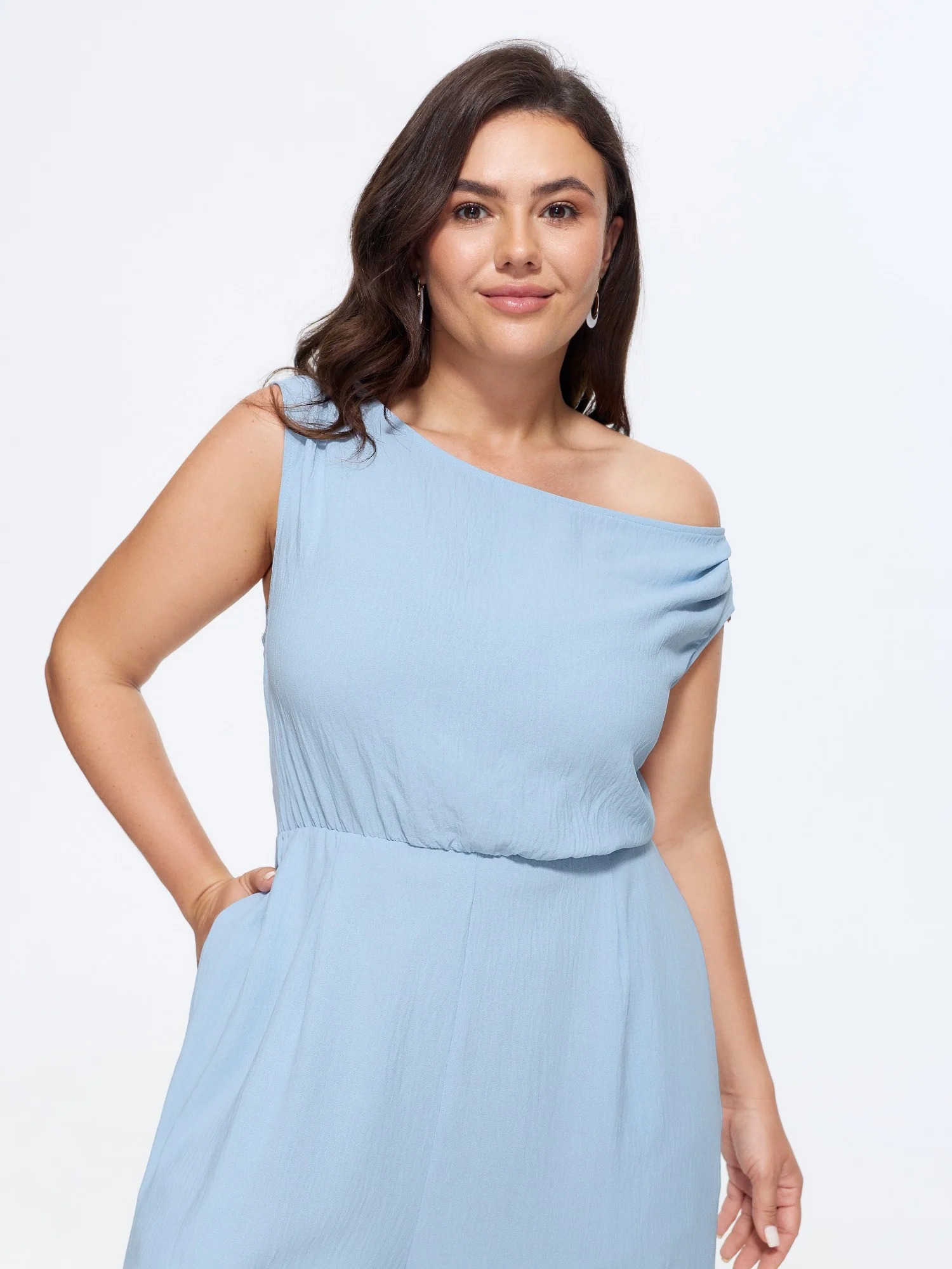 Textured One Shoulder Pocket Wide Leg Jumpsuit