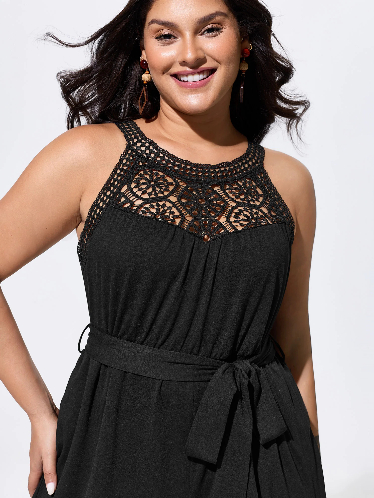 Sheer Lace Neckline Waist-Tie Romper