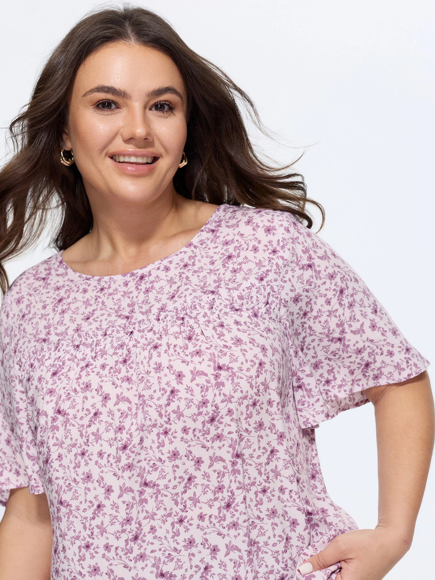 Floral Ruffle Sleeve Gathered Round Neck Blouse