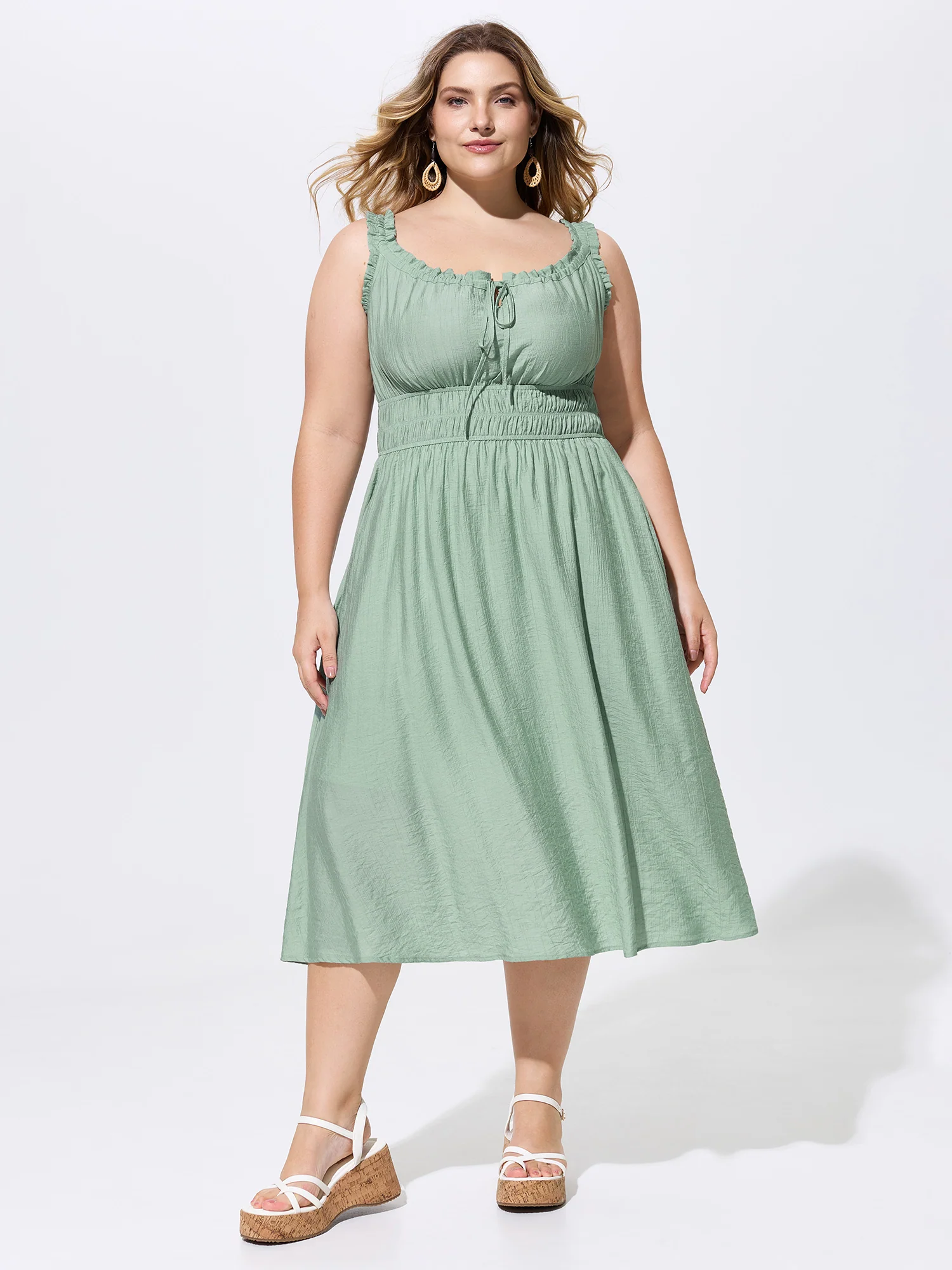 Linen Blend Adjustable Drawstring Neckline Midi Dress