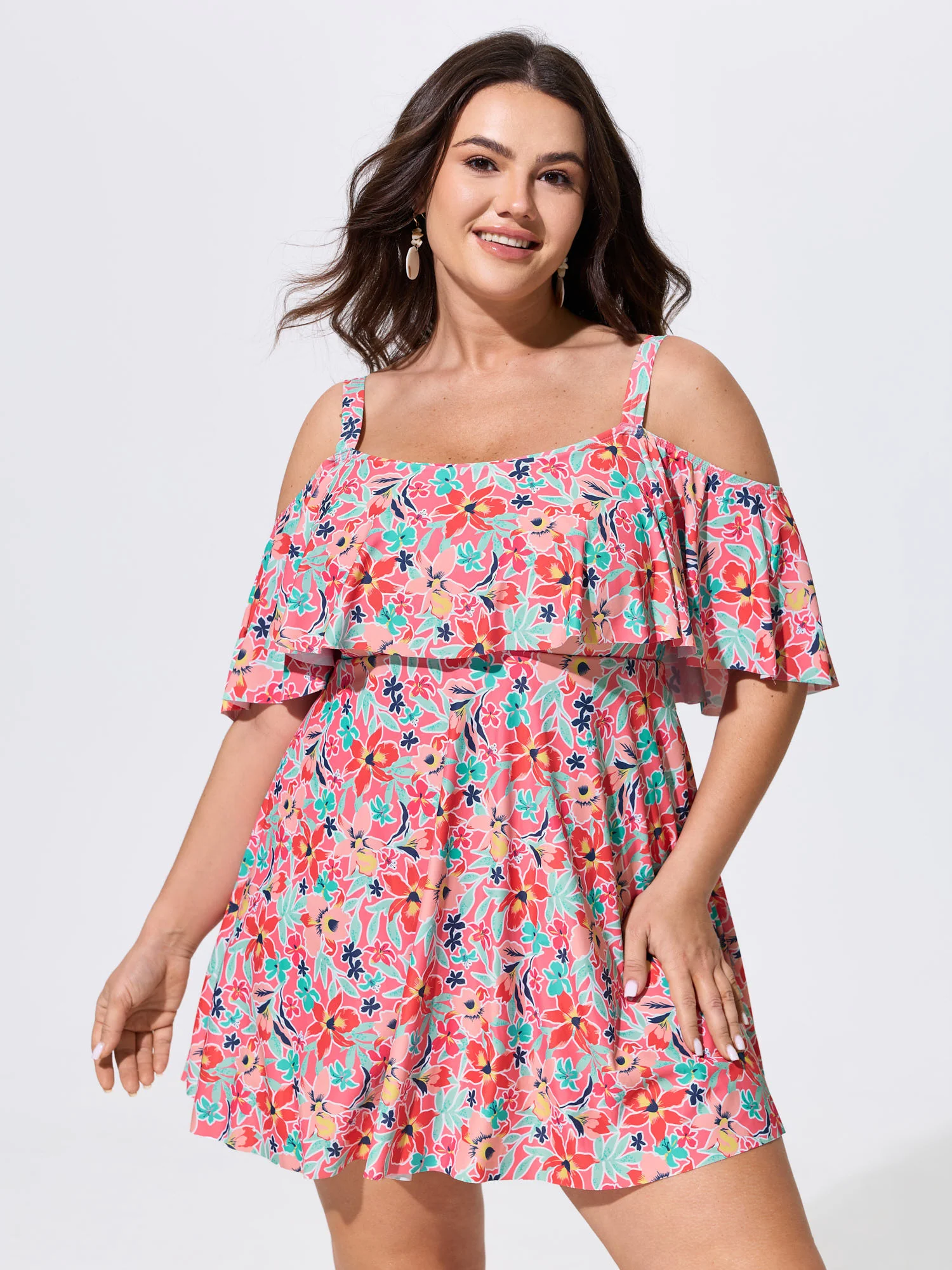 Floral Ruffle Trim Off Shoulder Pockets Swim Dress