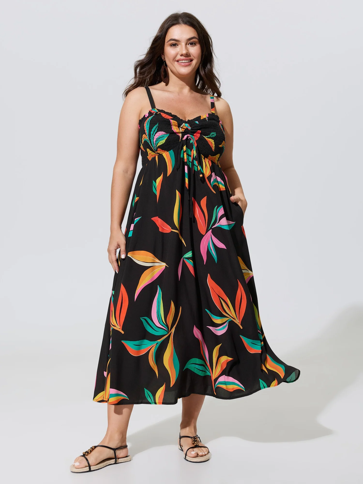 Supersoft Leaf Print Drawstring Shirred Midi Dress