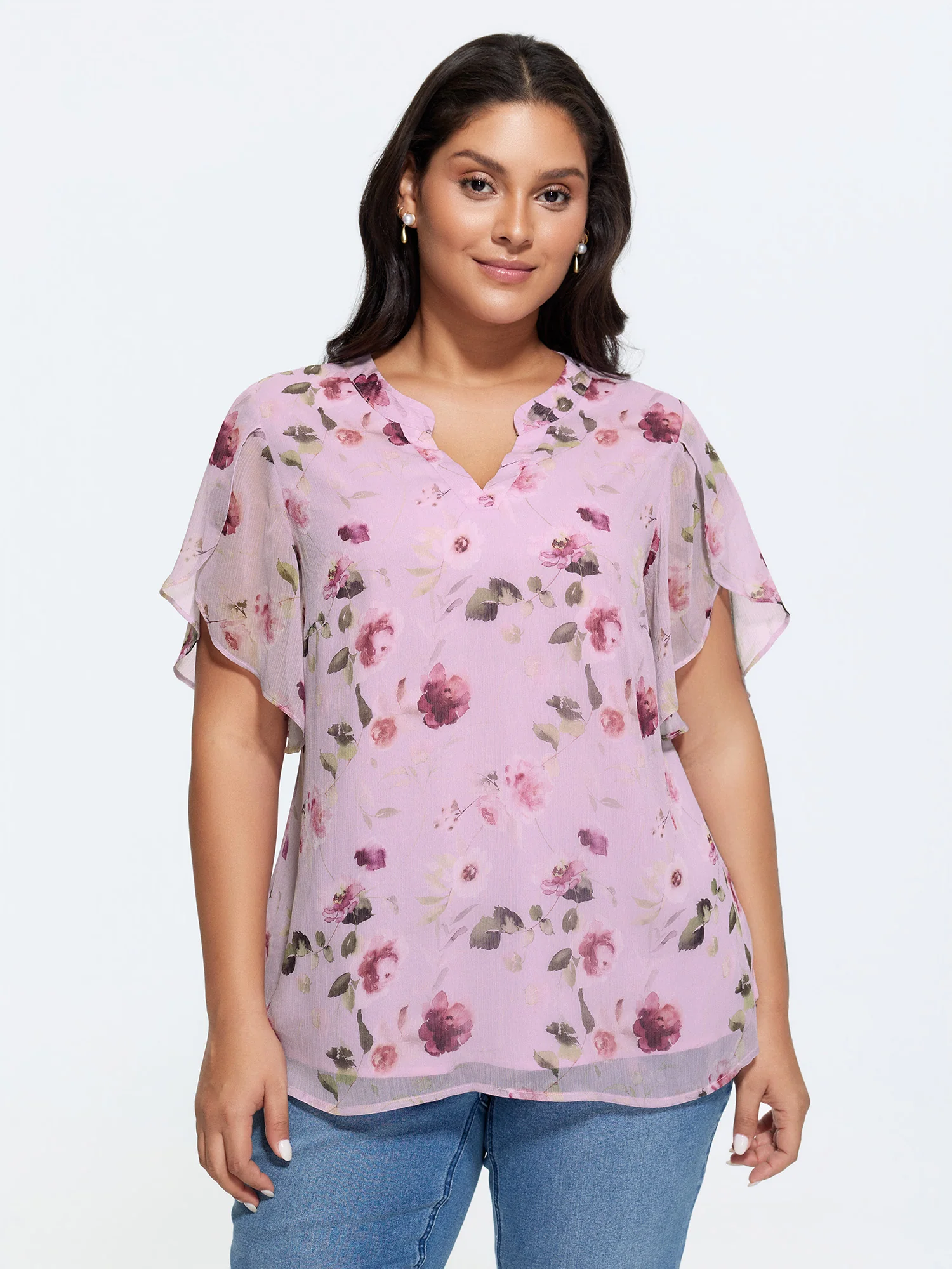 Sweet Floral Print Petal Sleeve Blouse
