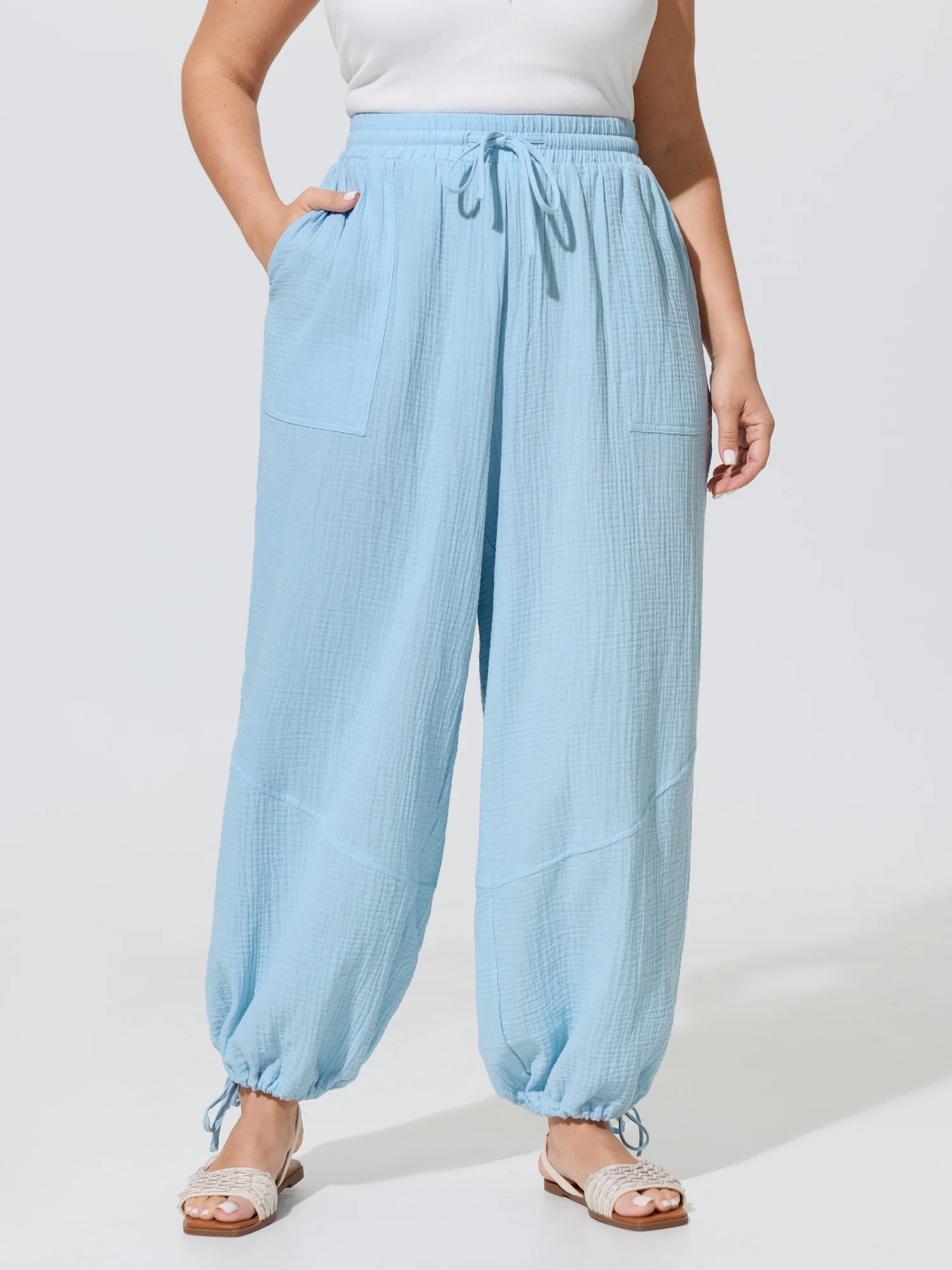 Shirred Waistband Drawstring Jogger Pants