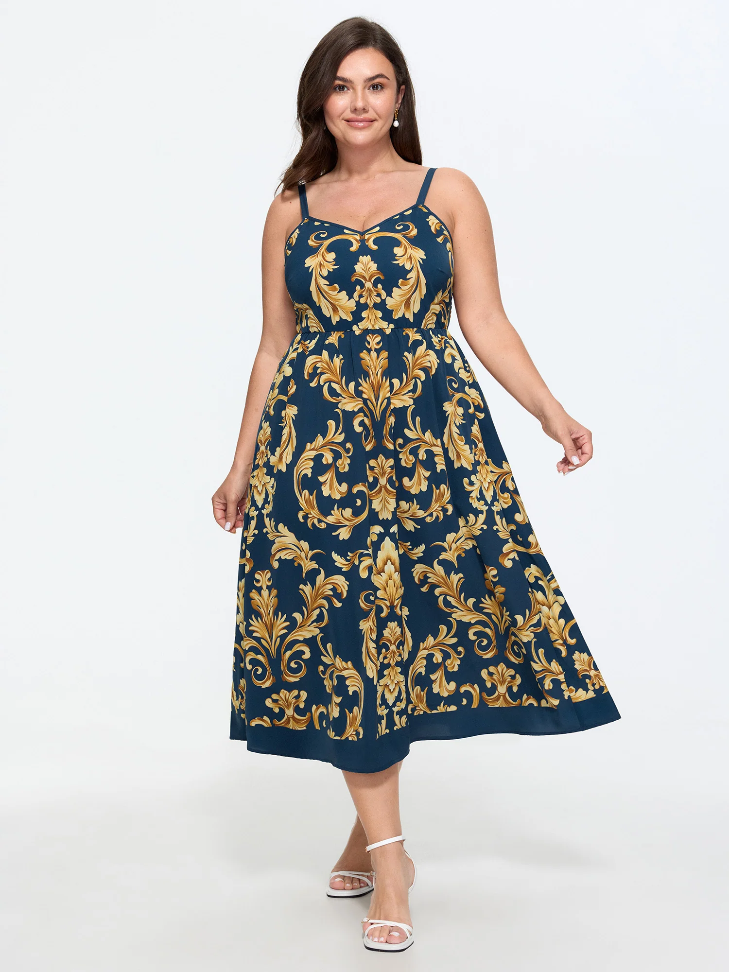 Boho Floral Print Shirred Waist Midi Dress