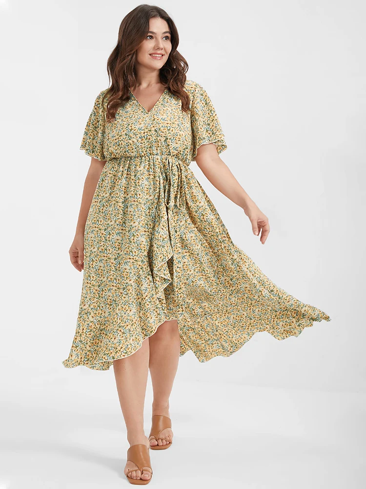 Ditsy Floral Ruffles Ties Split V Neck Dress