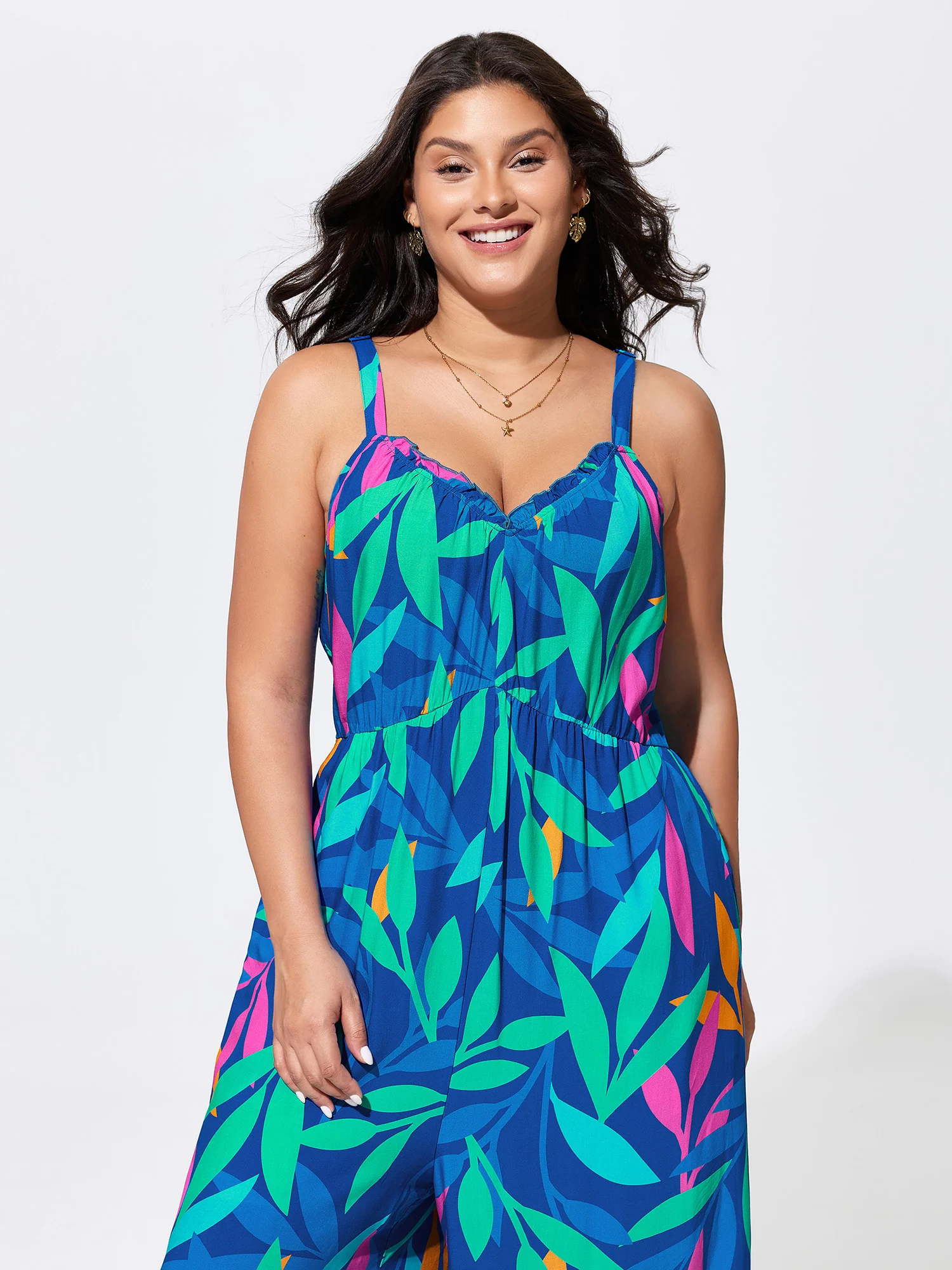 Tropical Print Pockets Sleeveless Jumpsuit