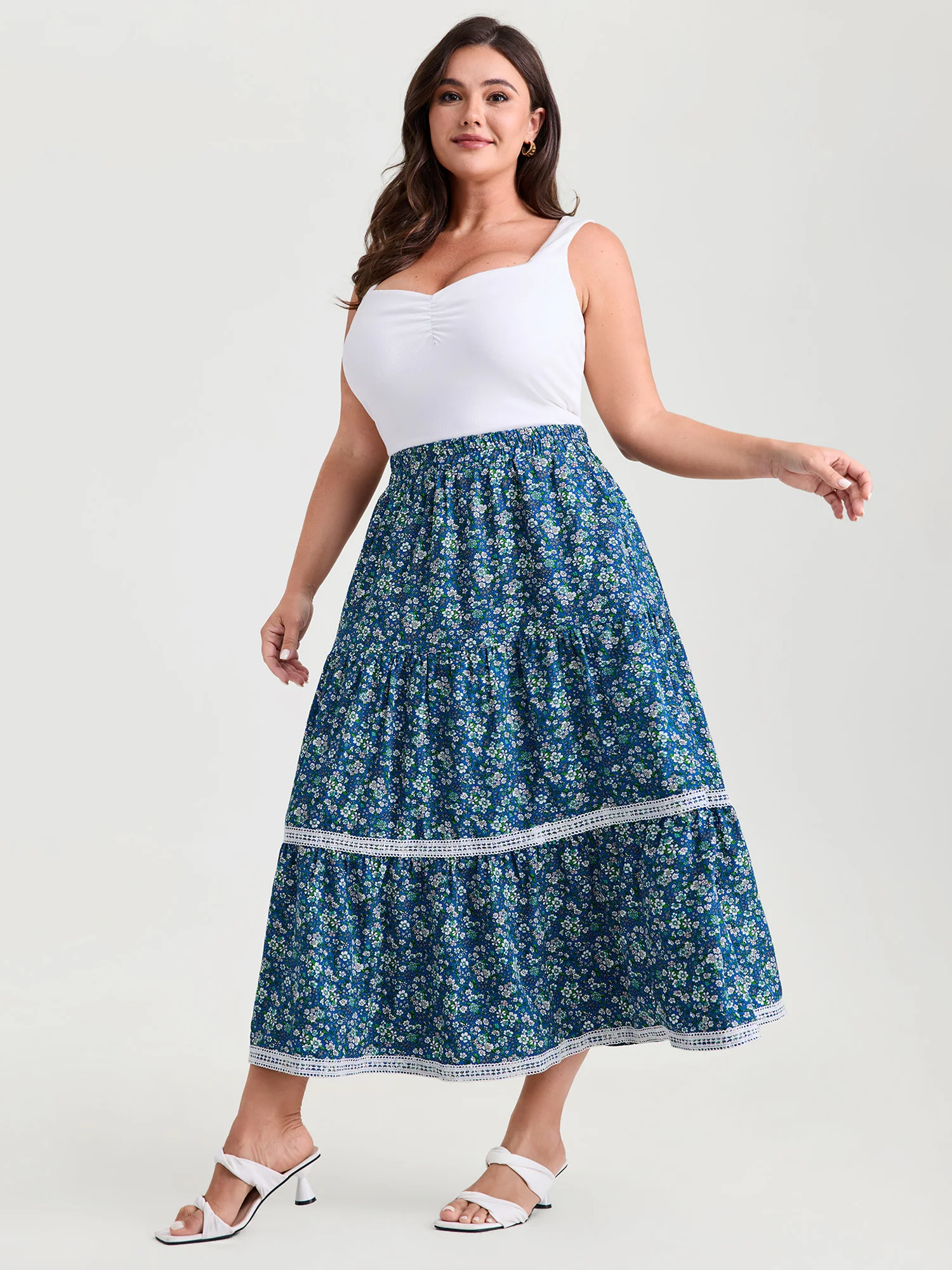 Floral Print Lace Trim Flowy Maxi Skirt