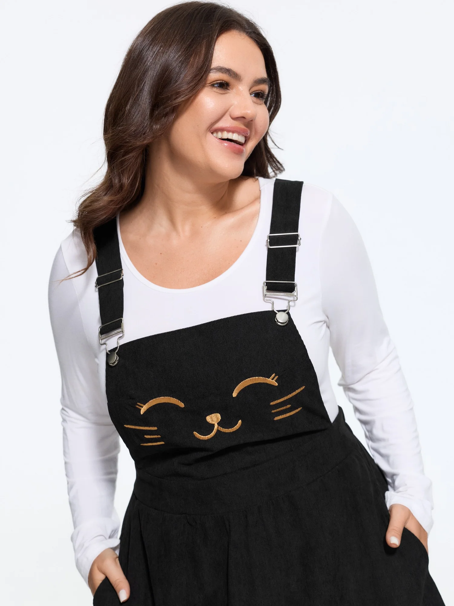 Happy Cat Embroidery Overall Straps Midi Dress
