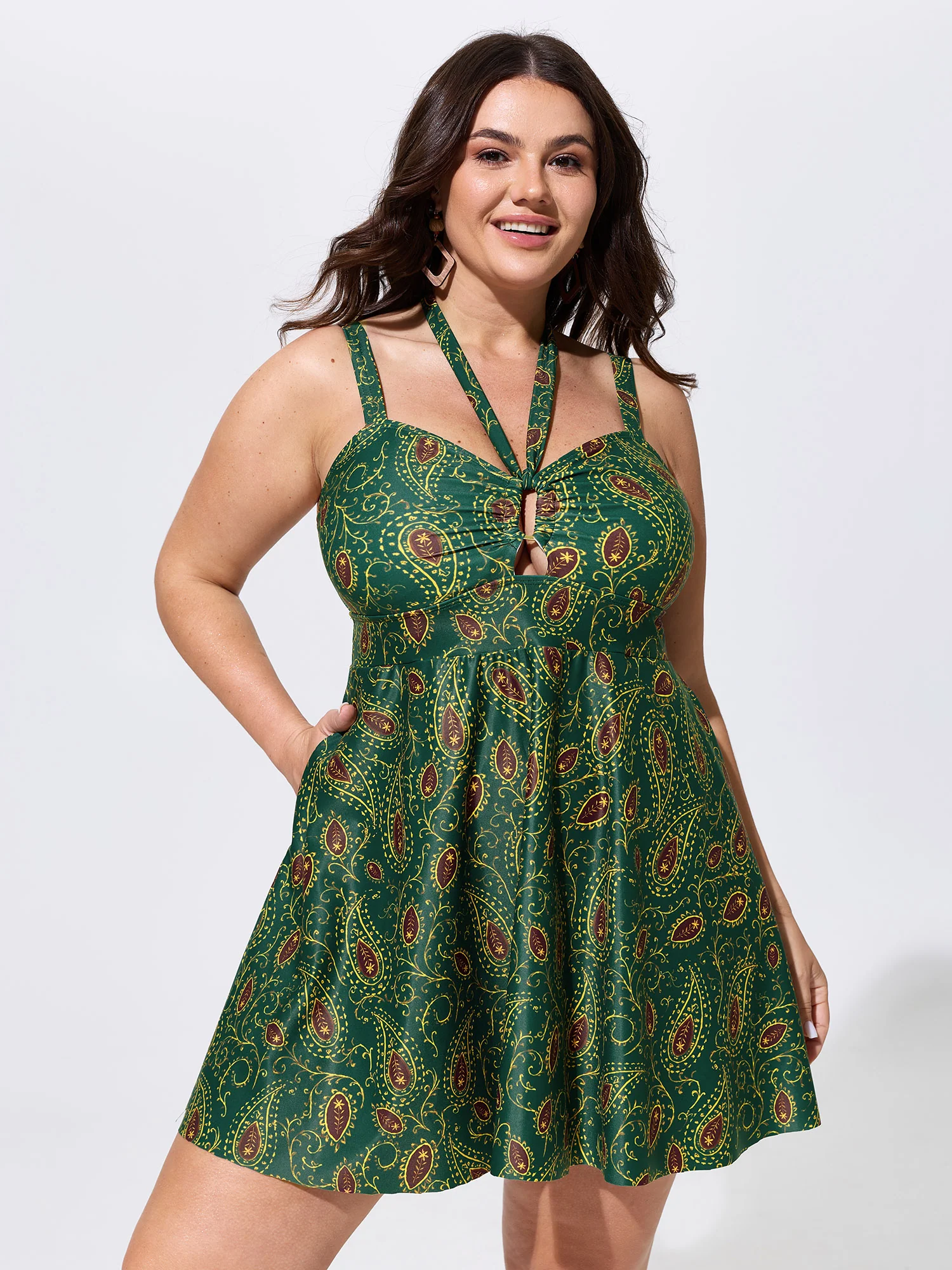 Paisely Print Neck-Tie Pockets Swim Dress