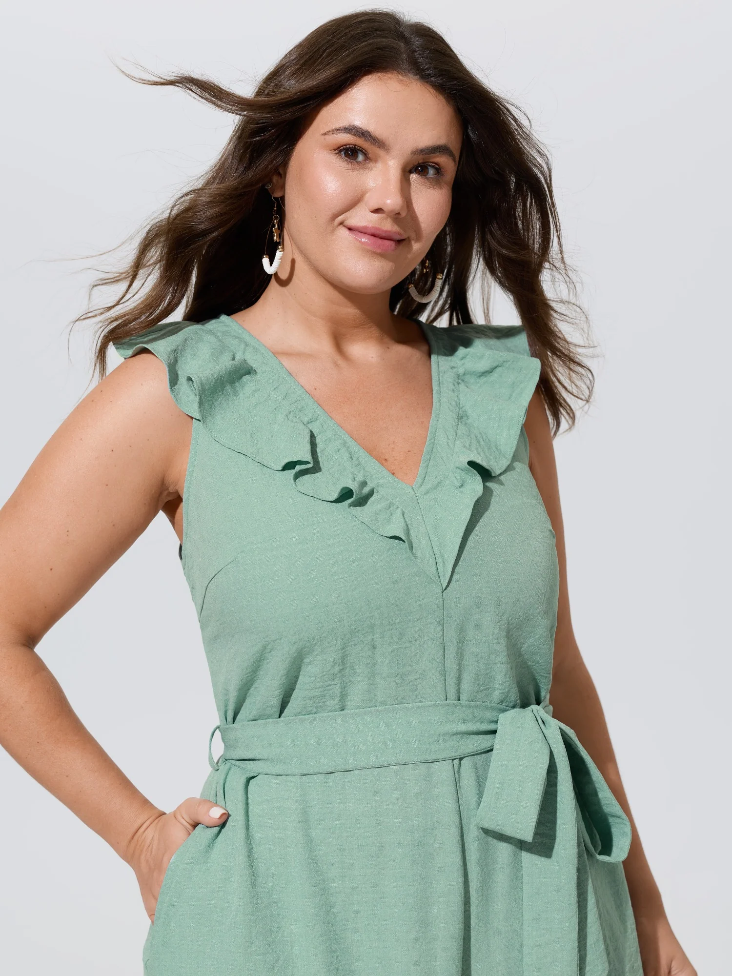 Ruffled Neckline Waist-Tie Wide-Leg Jumpsuit