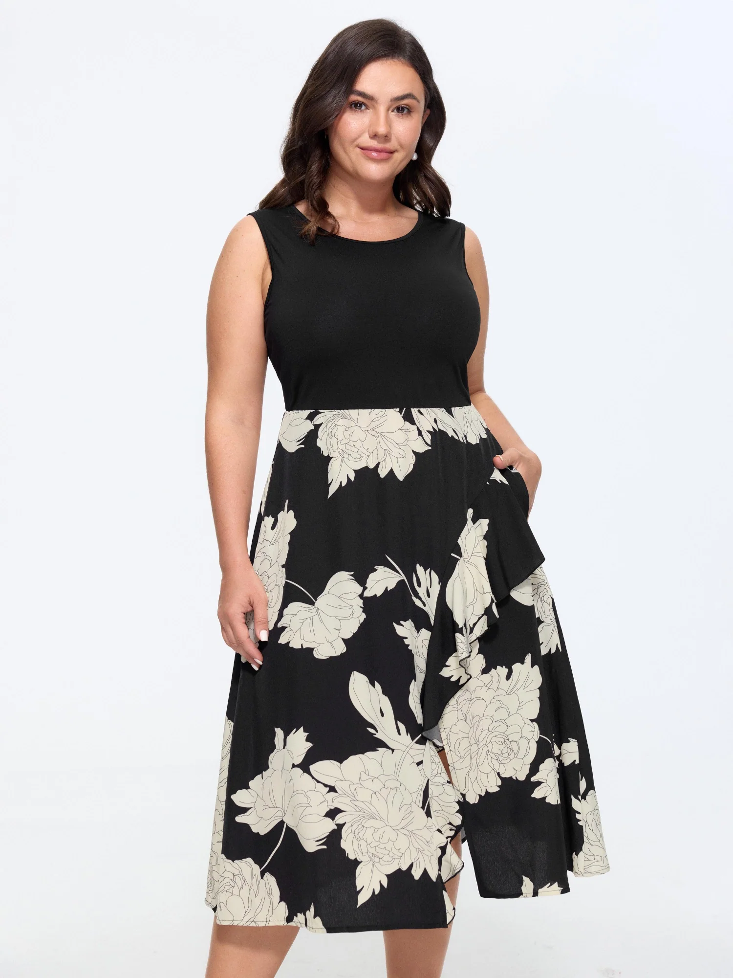 Floral Print Color Contrast Sleeveless Midi Dress