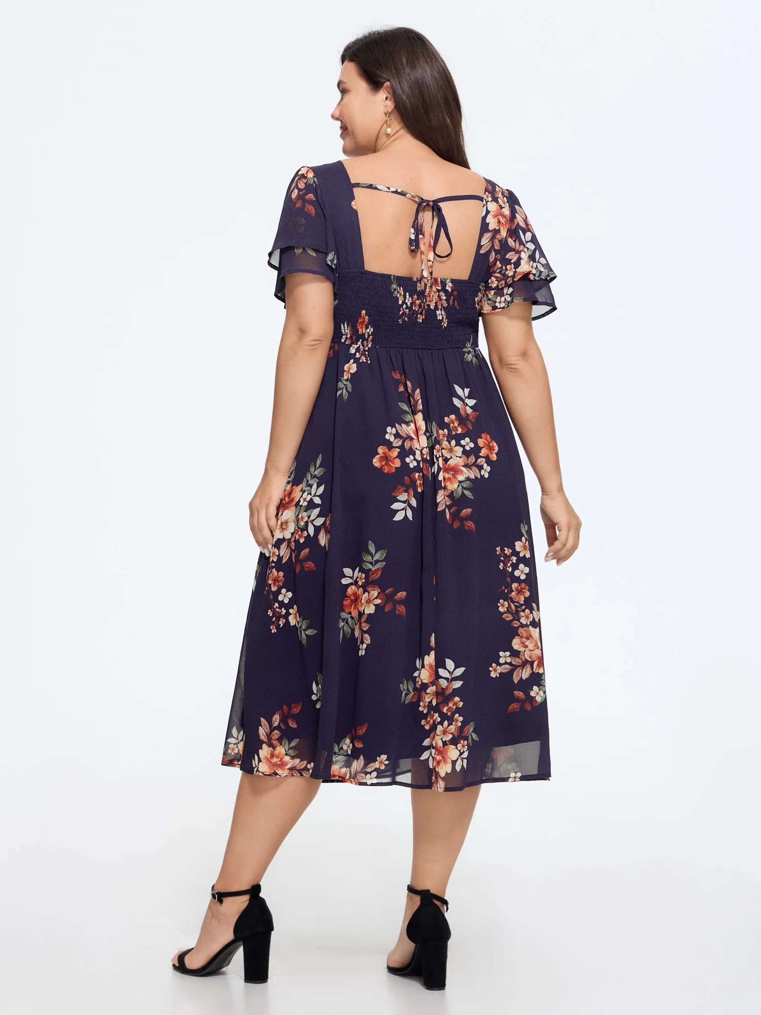 Floral Print Sweetheart Neck Back Tie Midi Dress