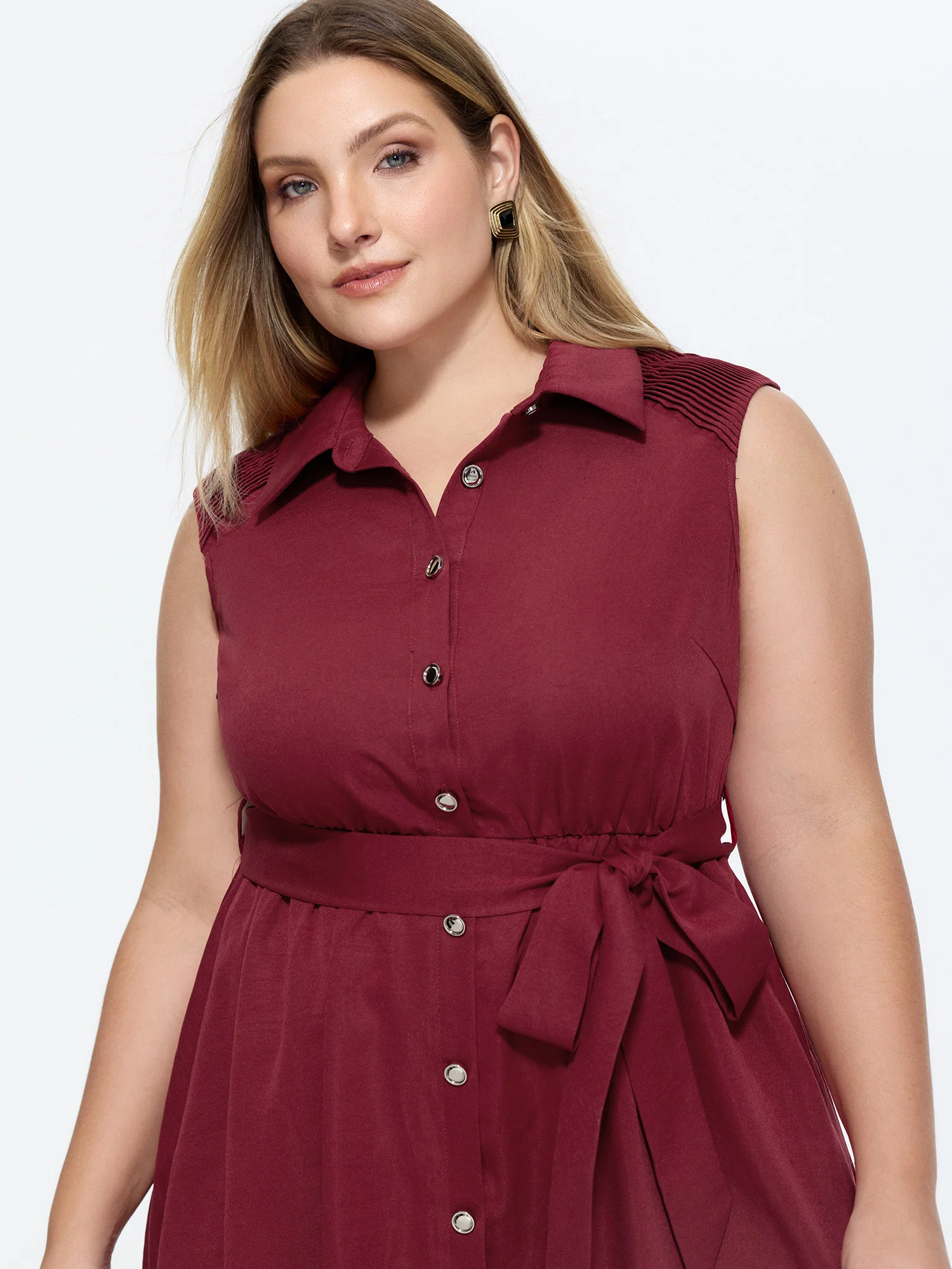 Elegant Waist-Tie Button Detail Midi Dress