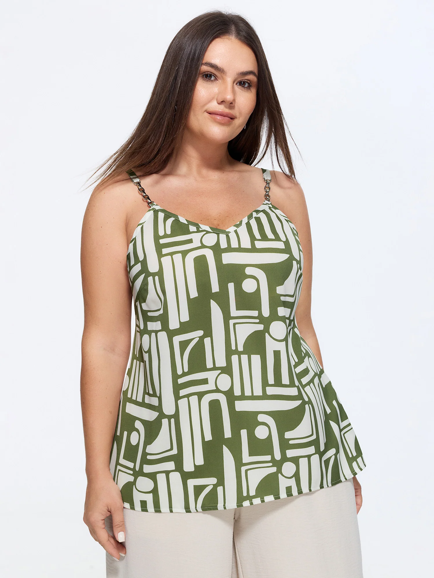 Abstract Geometric Print Metal Chain Strap Tank Top