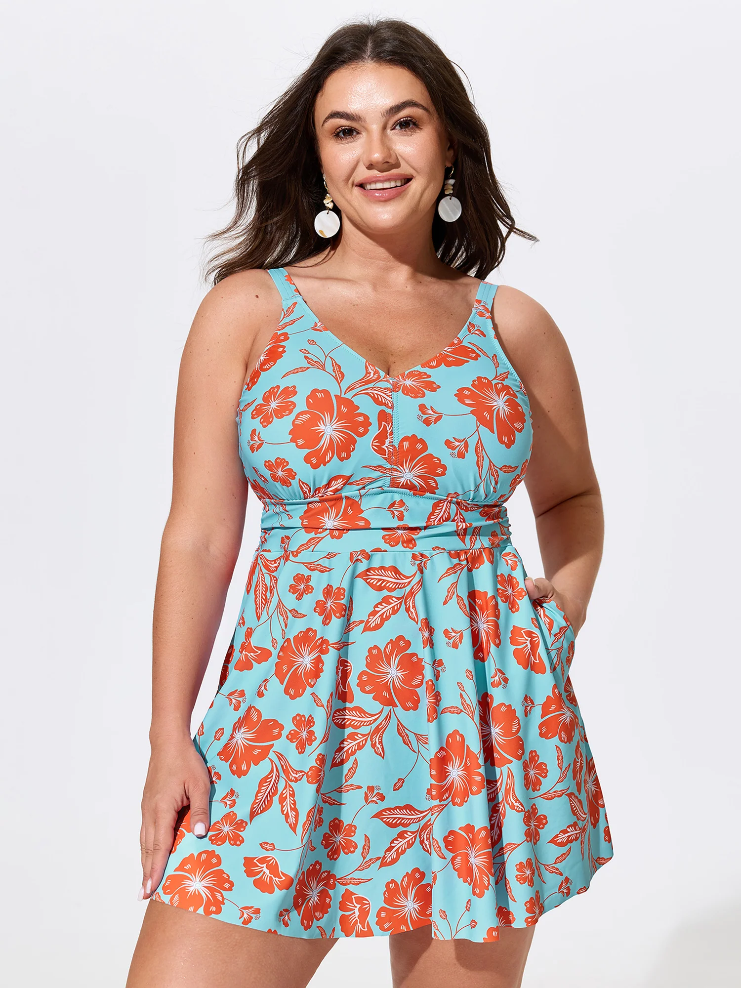 Floral Print Pockets Fit And Flare Swim Dress
