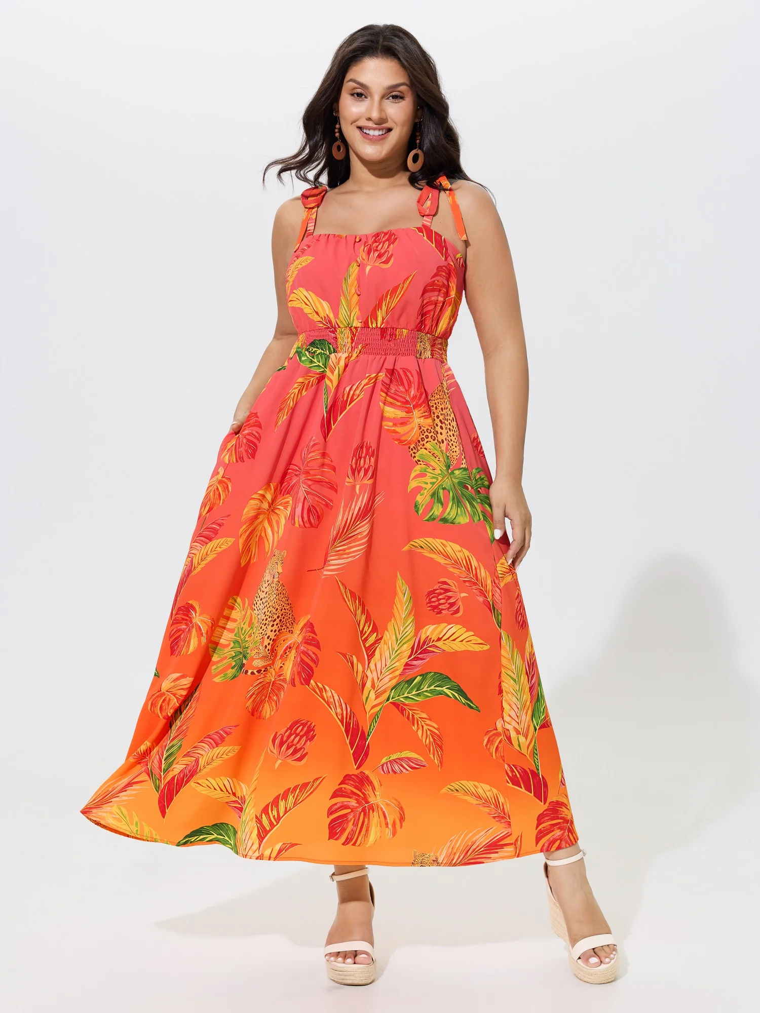 Tropical Leaf Print Shirred Tie Shoulder Maxi Dress