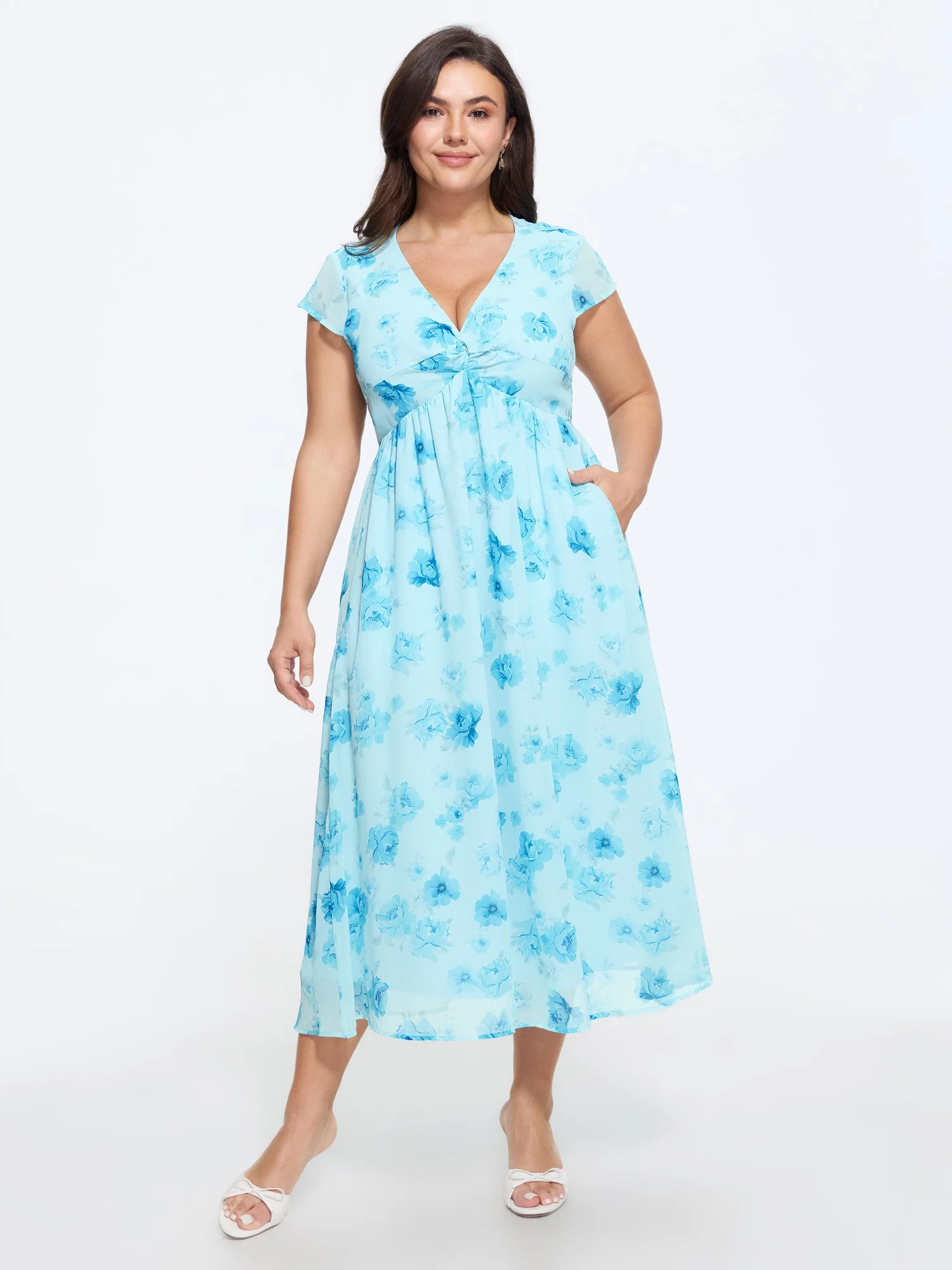 Floral Print Twist Front Flowy Maxi Dress