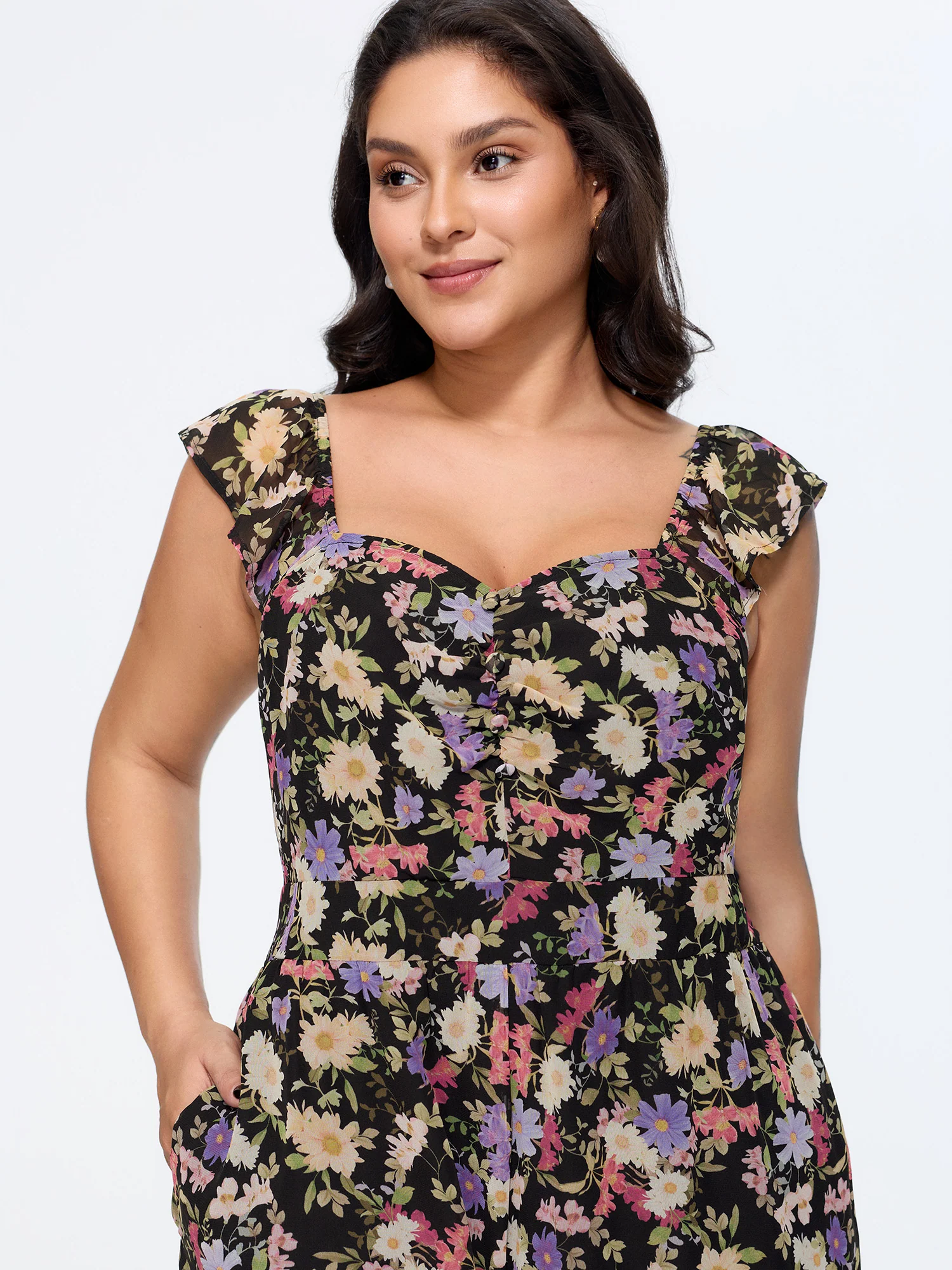 Floral Print Shirred Wide-Leg Jumpsuit