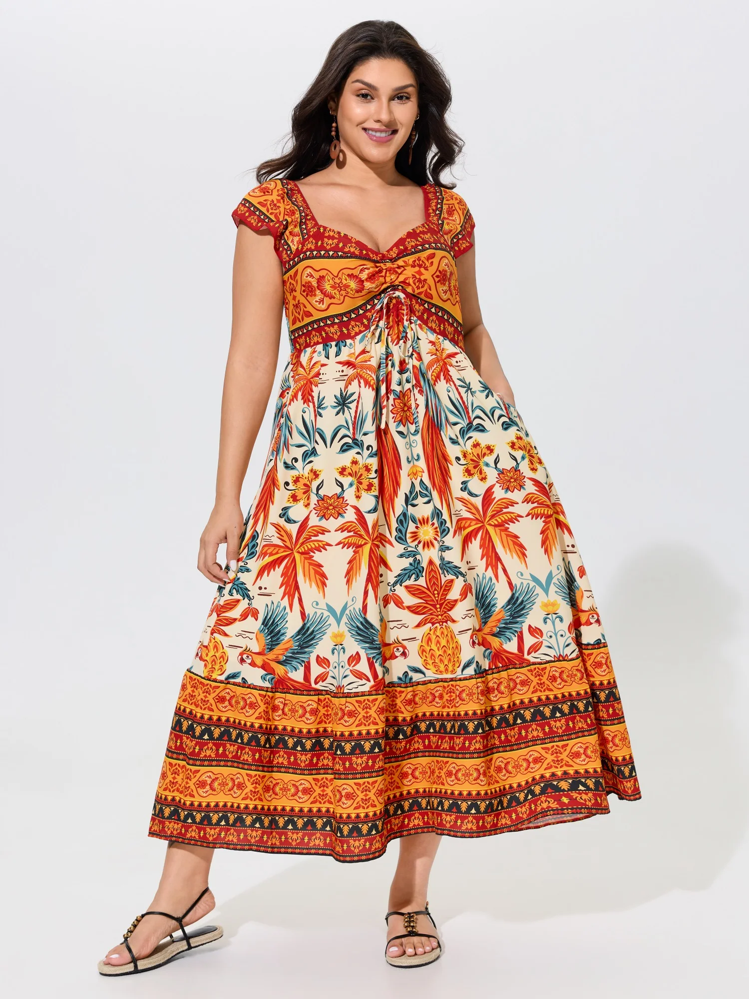 Tropical Print Bust Drawstring Midi Dress
