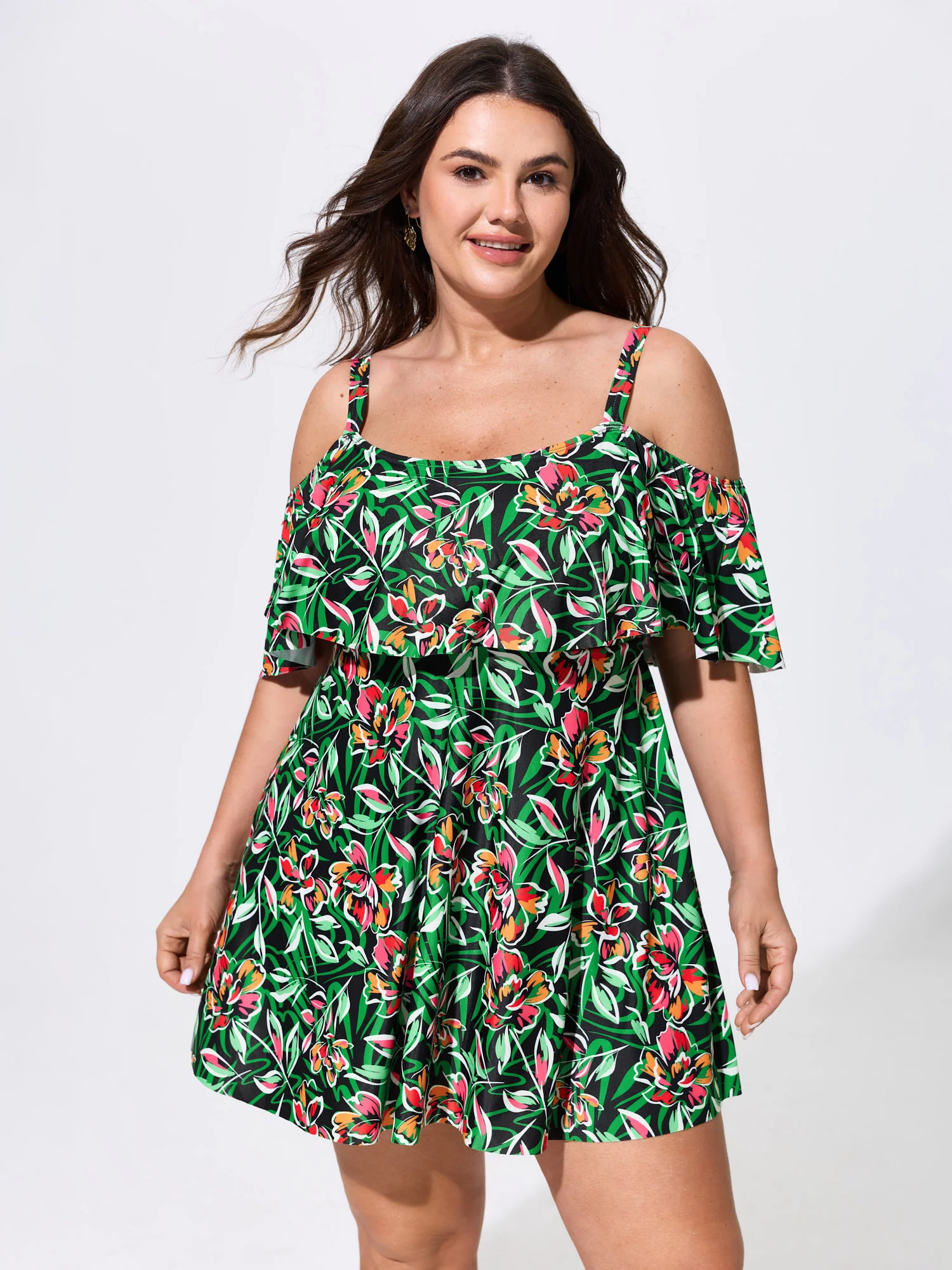 Floral Ruffle Trim Off Shoulder Pockets Swim Dress