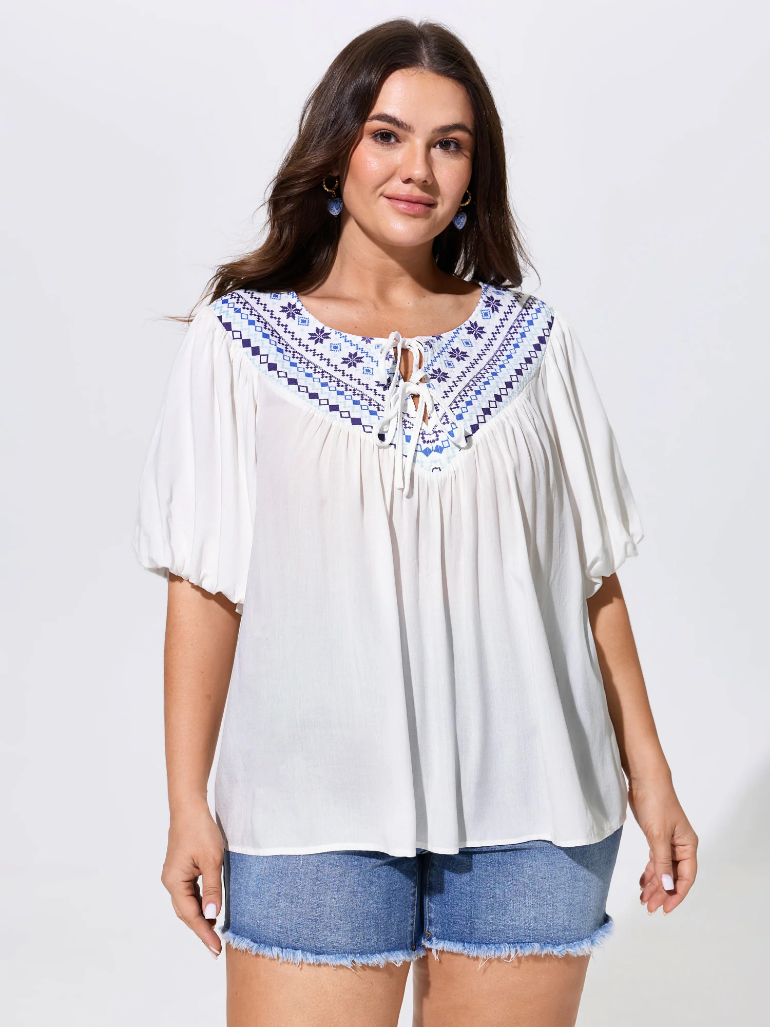 Boho Print Neck-Tie Puff Sleeve Blouse