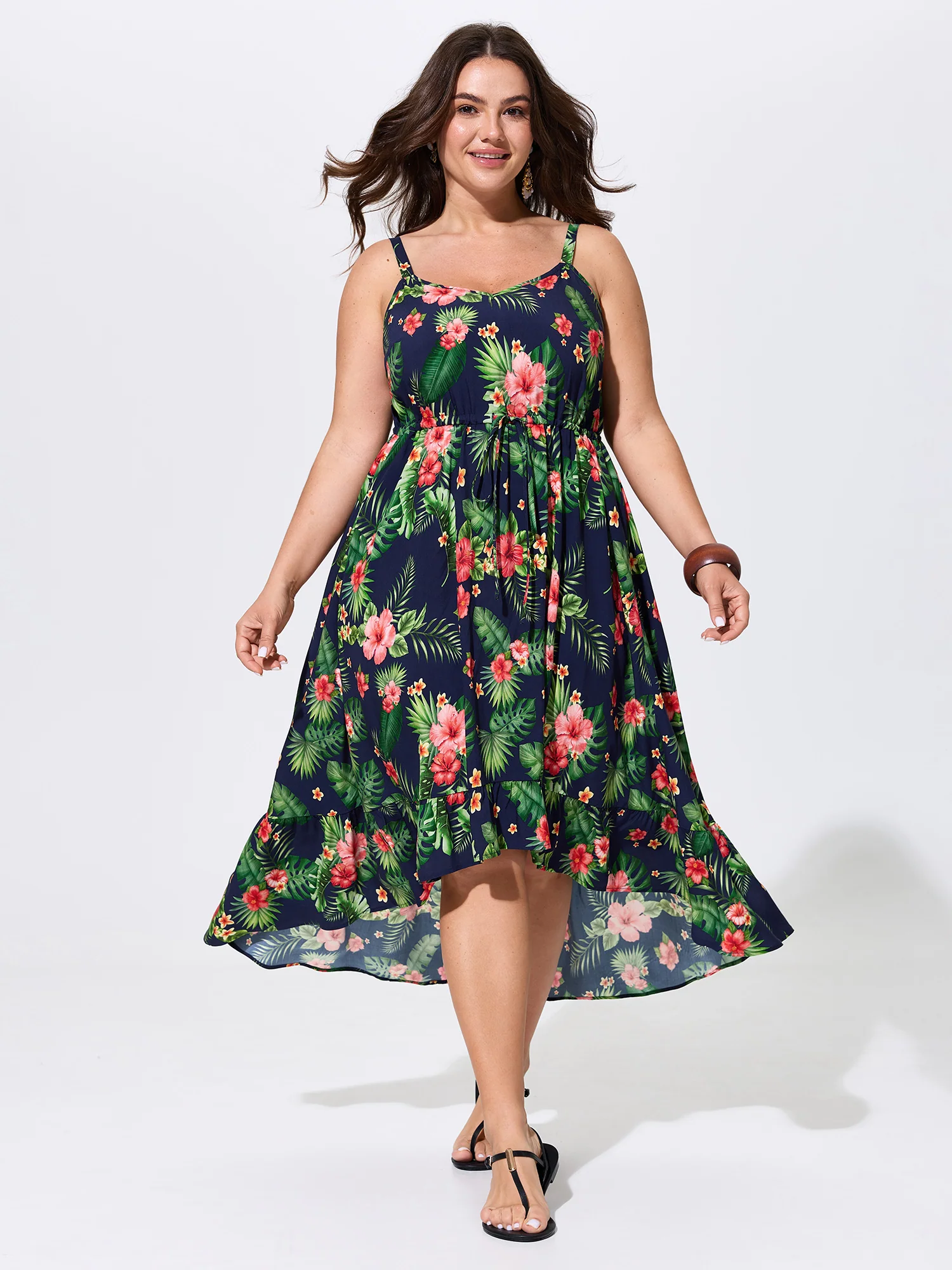 Vibrant Floral Print High Low Hem Midi Dress