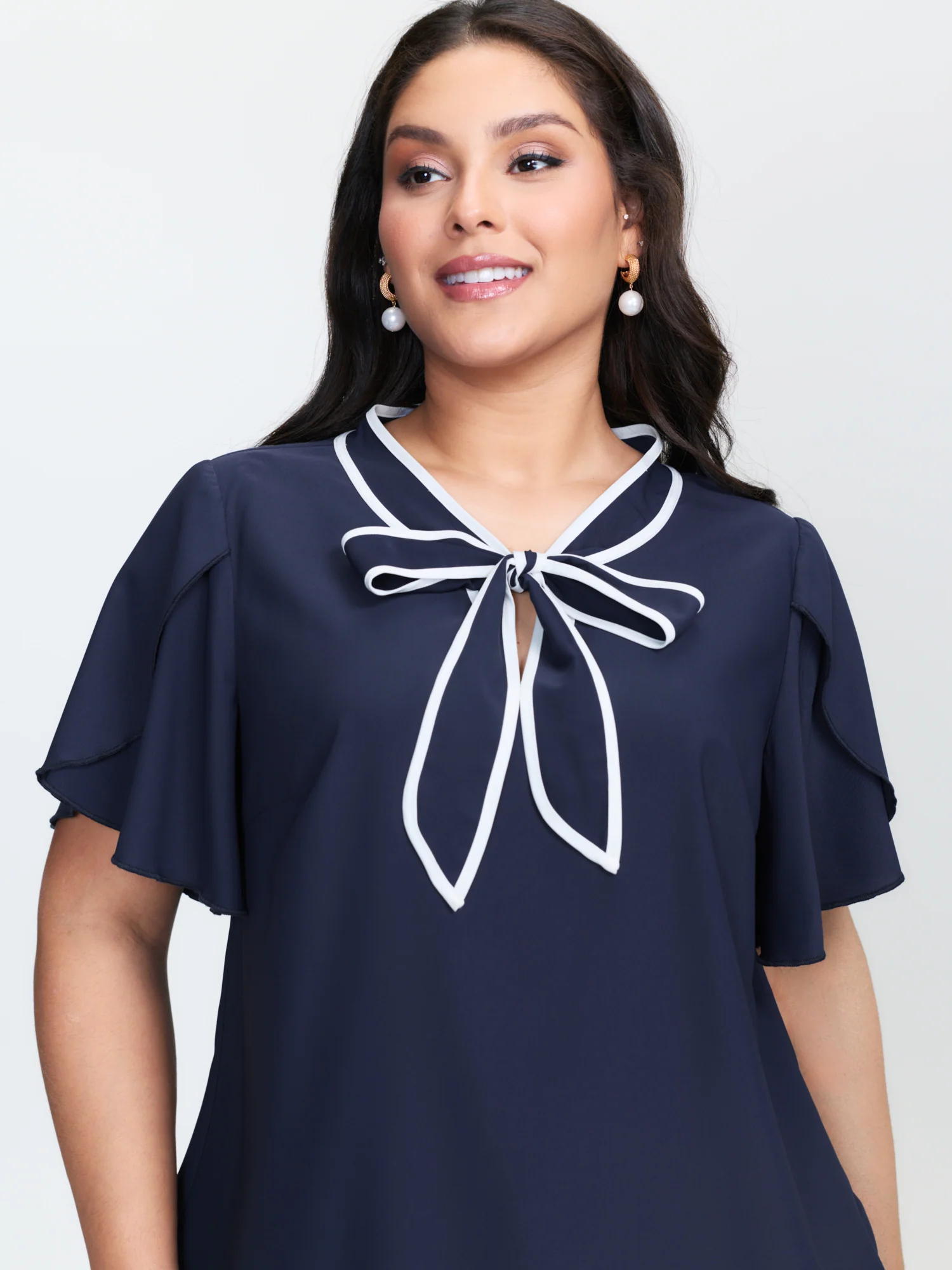 Petal Sleeve Ribbon Neckline Blouse