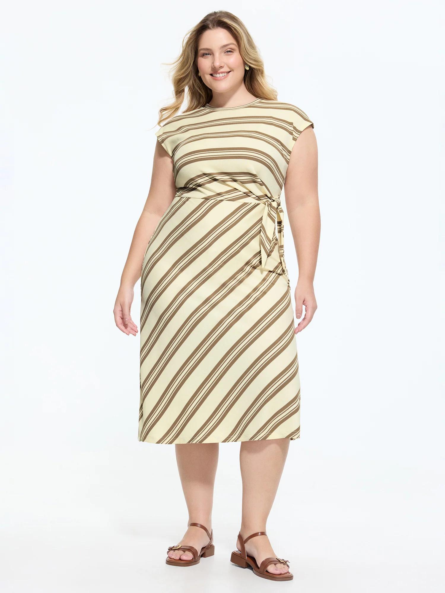 Striped Print Side-Knotted Midi Dress
