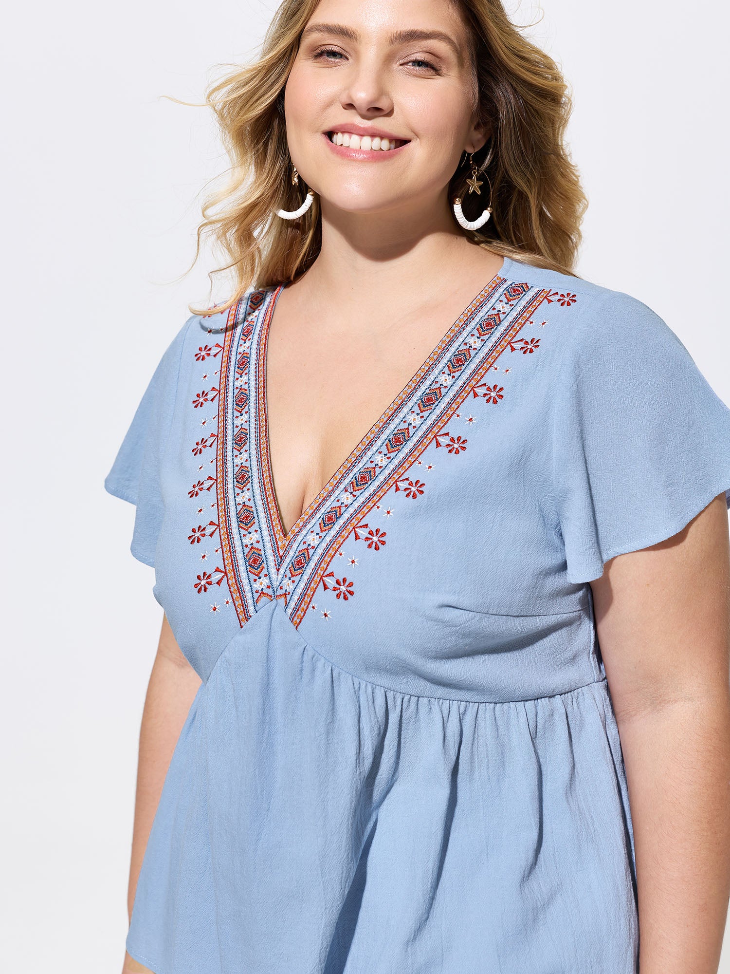 Cotton Floral Embroidered V-Neck Blouse