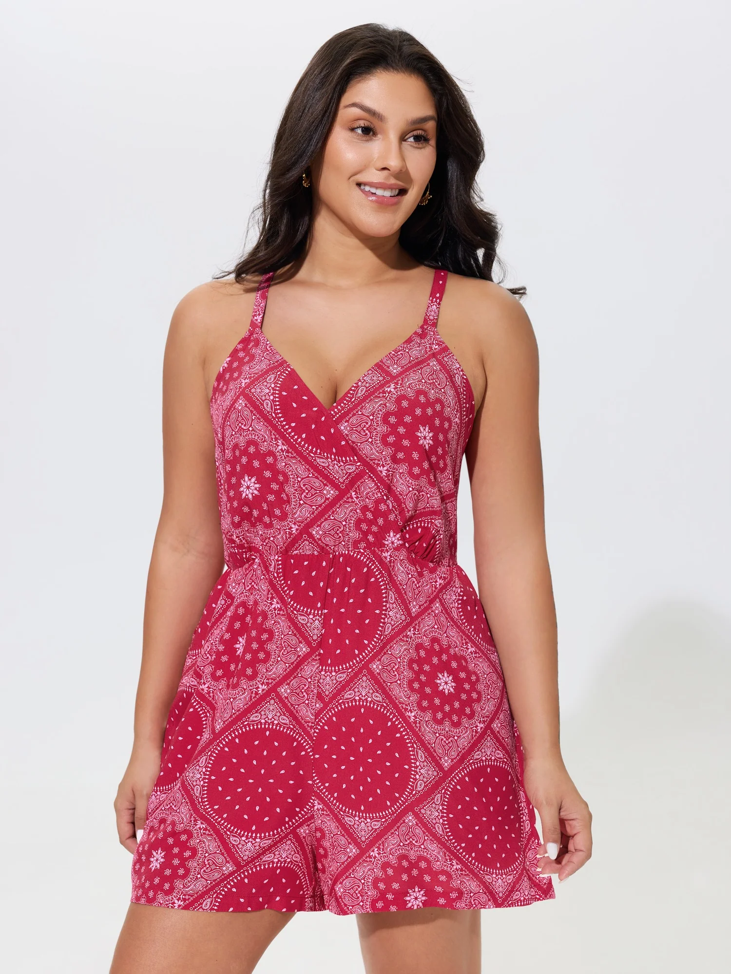Boho Print Crisscross Back Shirred Waist Romper