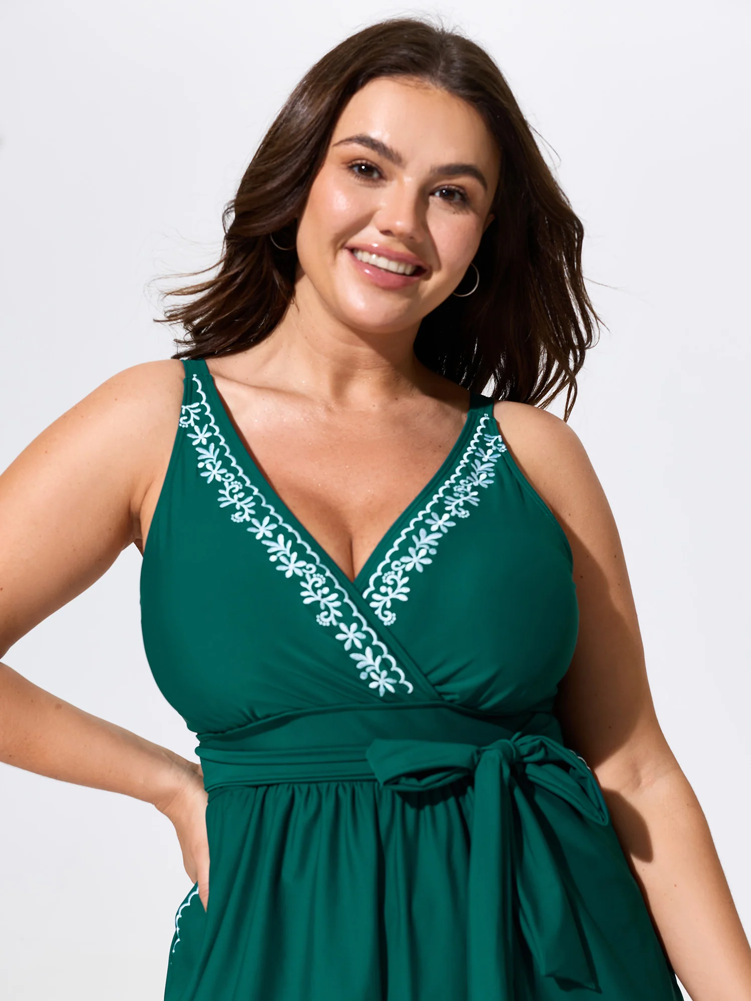 Embroidered Neckline Waist-Tie Swim Romper