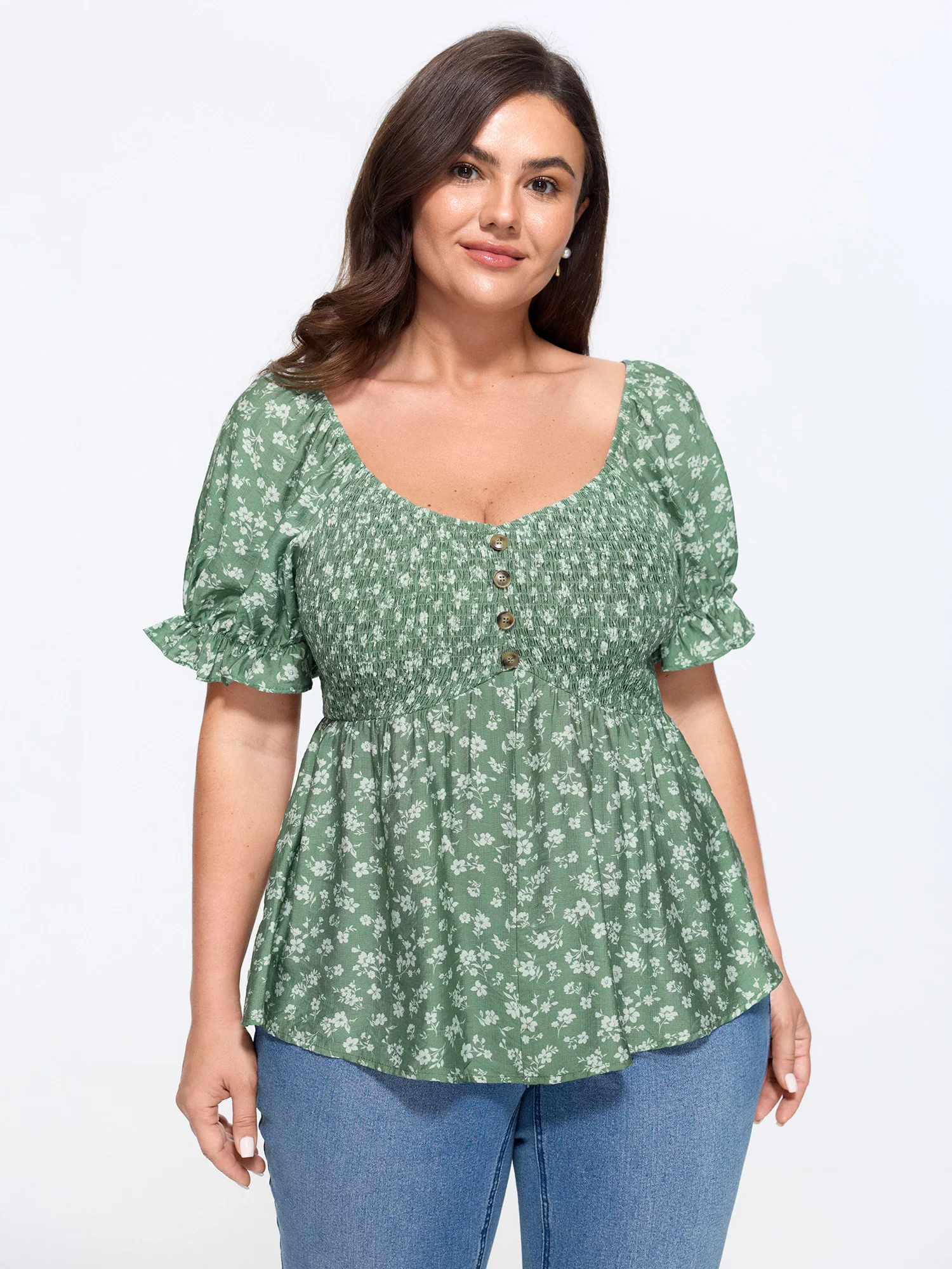 Floral Print Shirred Fit And Flare Blouse