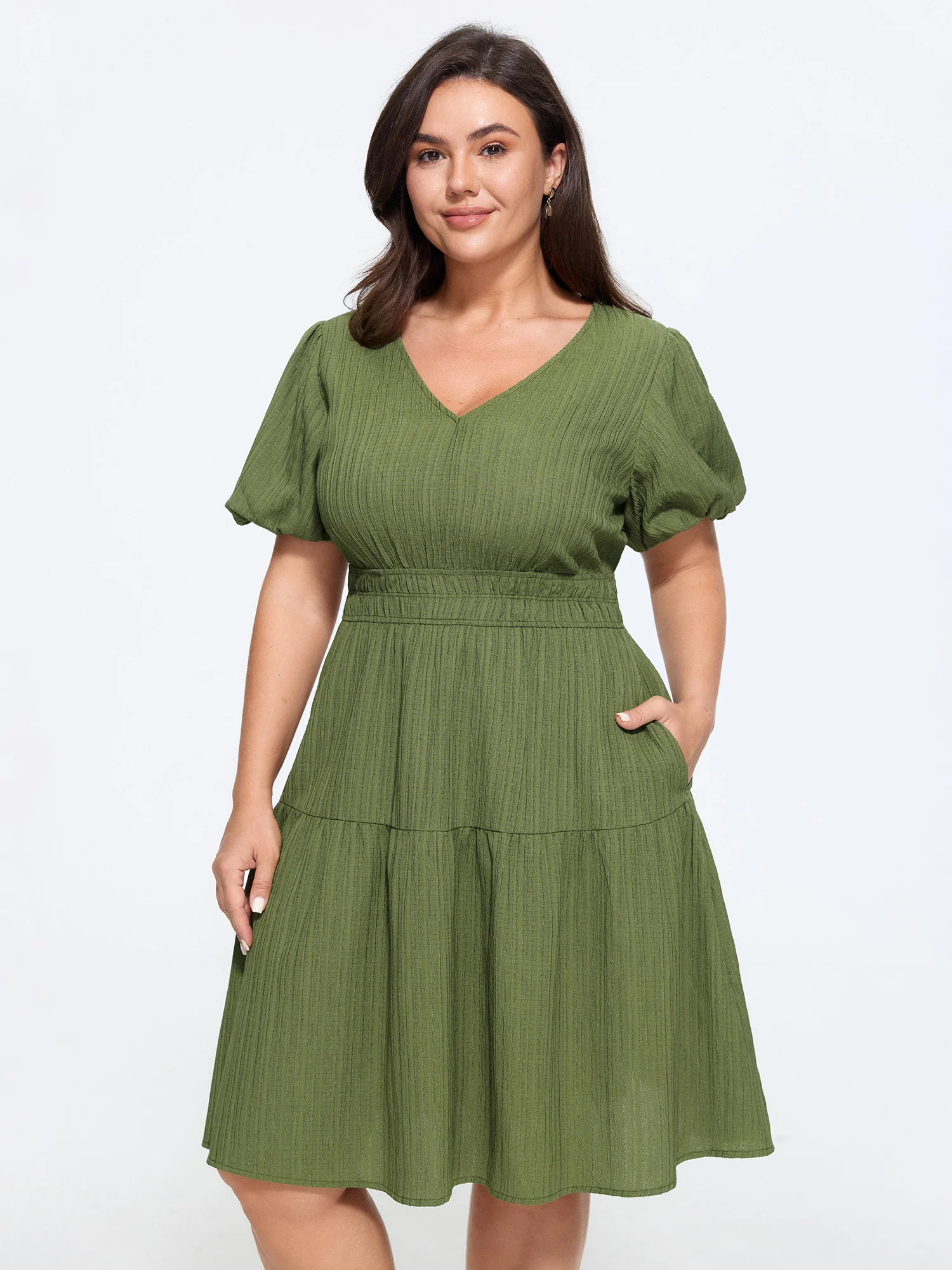 Textured Shirred Waist Tiered Mini Dress