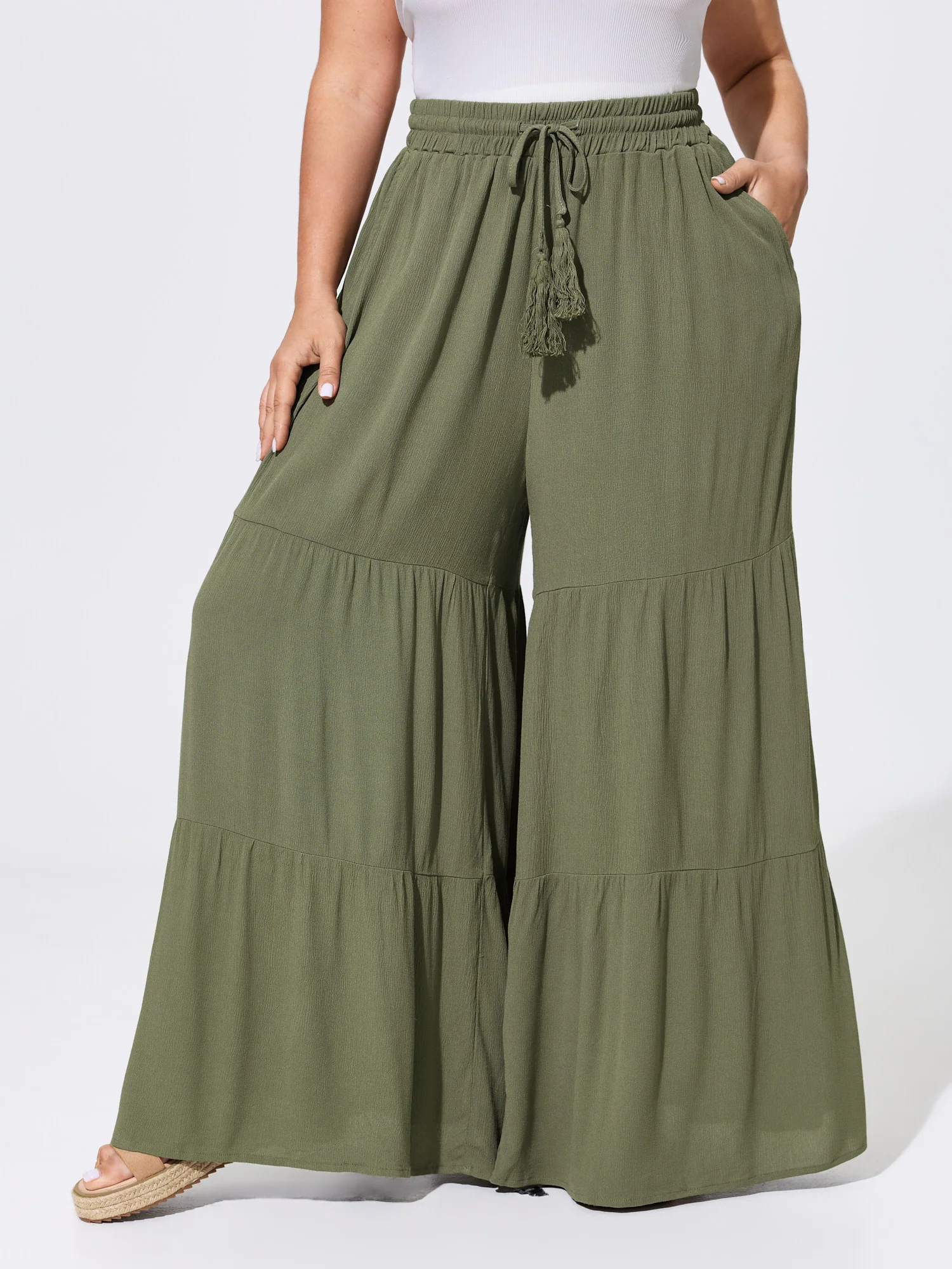Tassel Drawstring Tiered Wide-Leg Pants