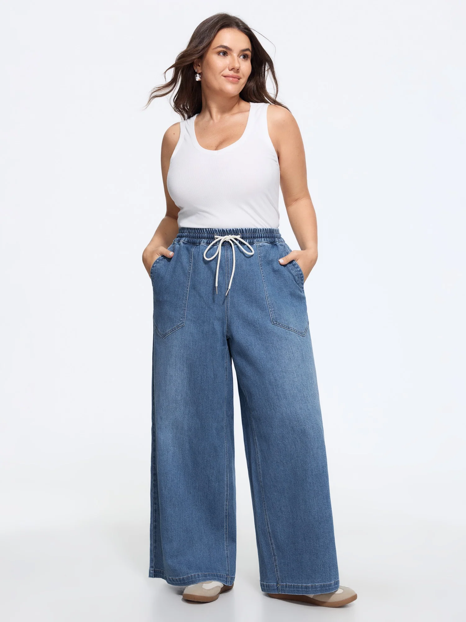Stretchy Drawstring Waist Pocket Wide Leg Jeans