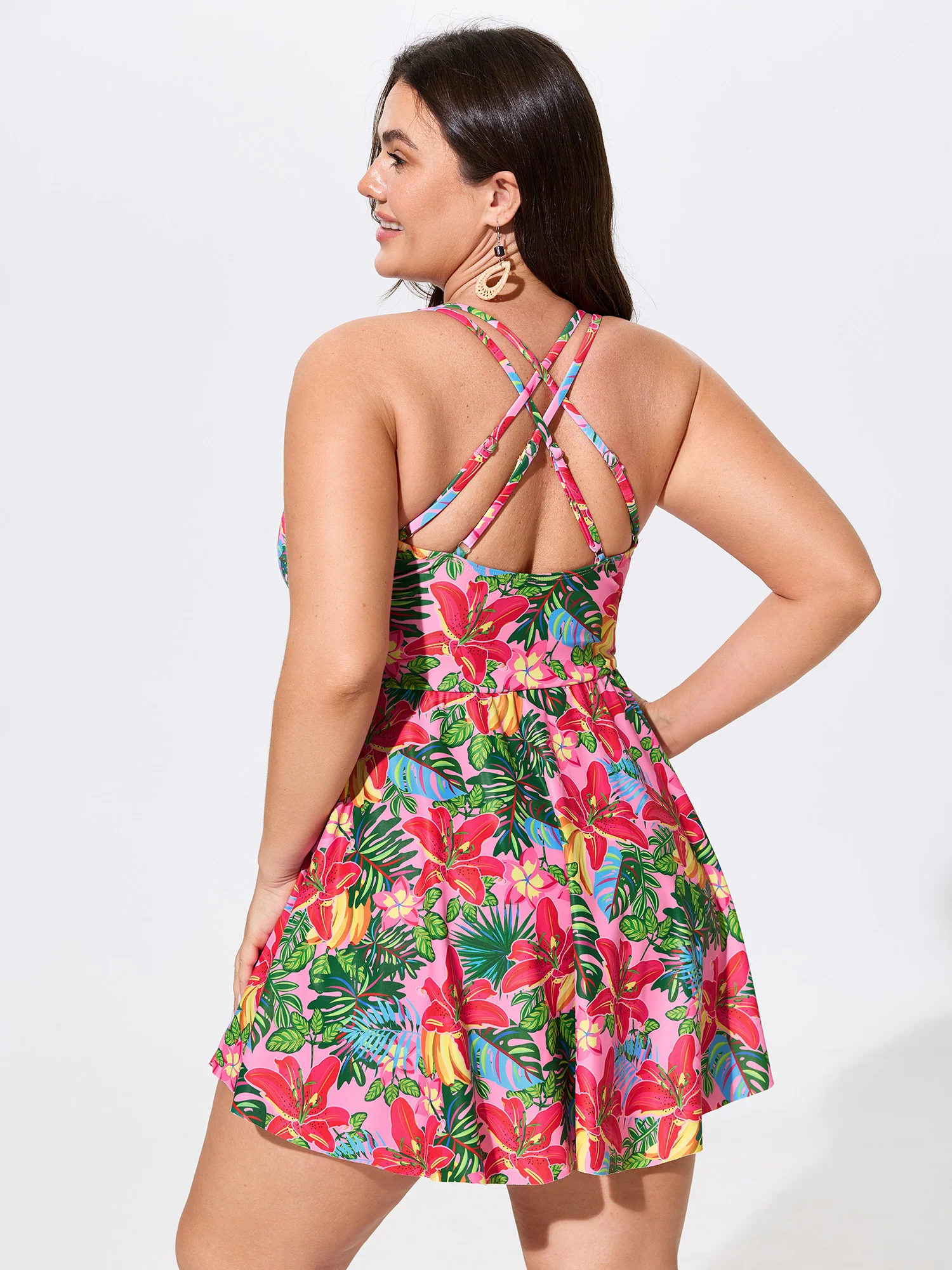 Vibrant Floral Print Crossover Straps Swim Dress