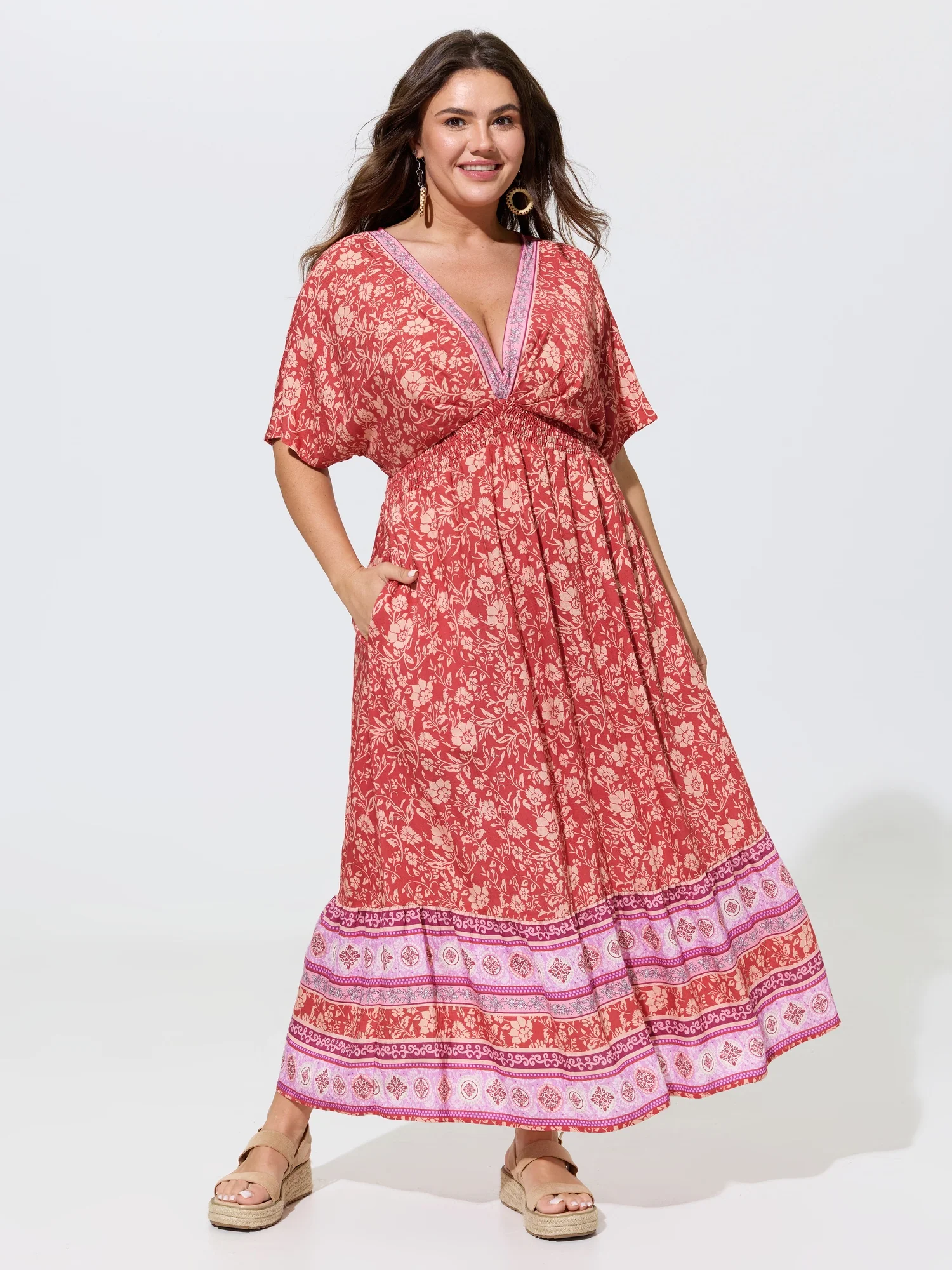 Supersoft V-Neck Floral Print Patchwork Maxi Dress