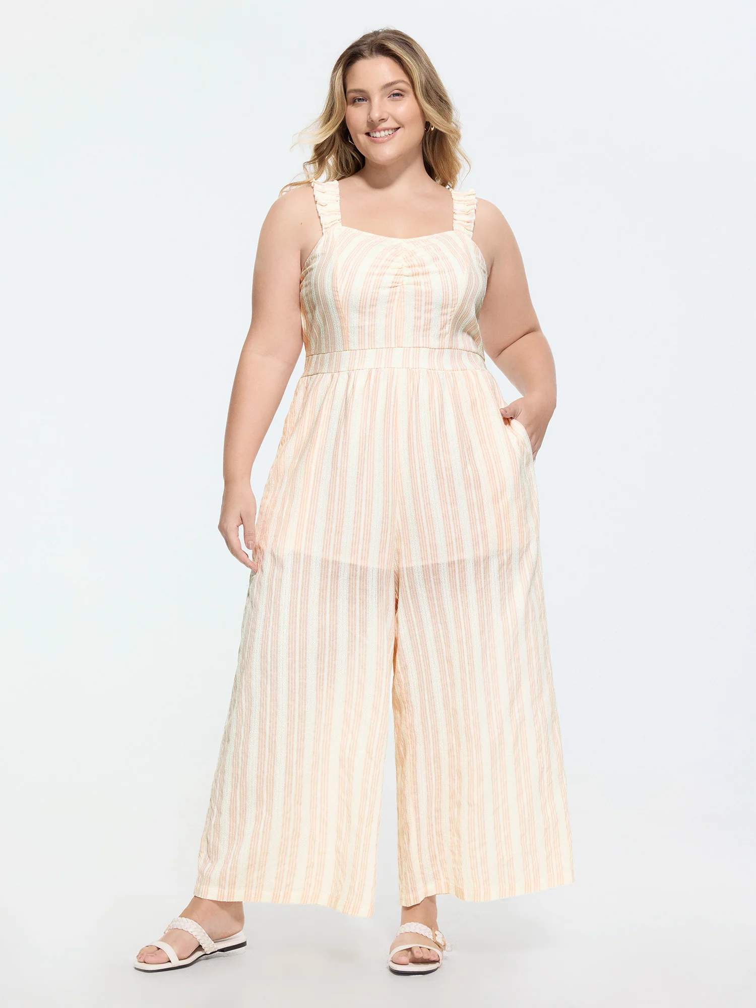 Sheer Striped Print Shirred Straps Jumpsuit
