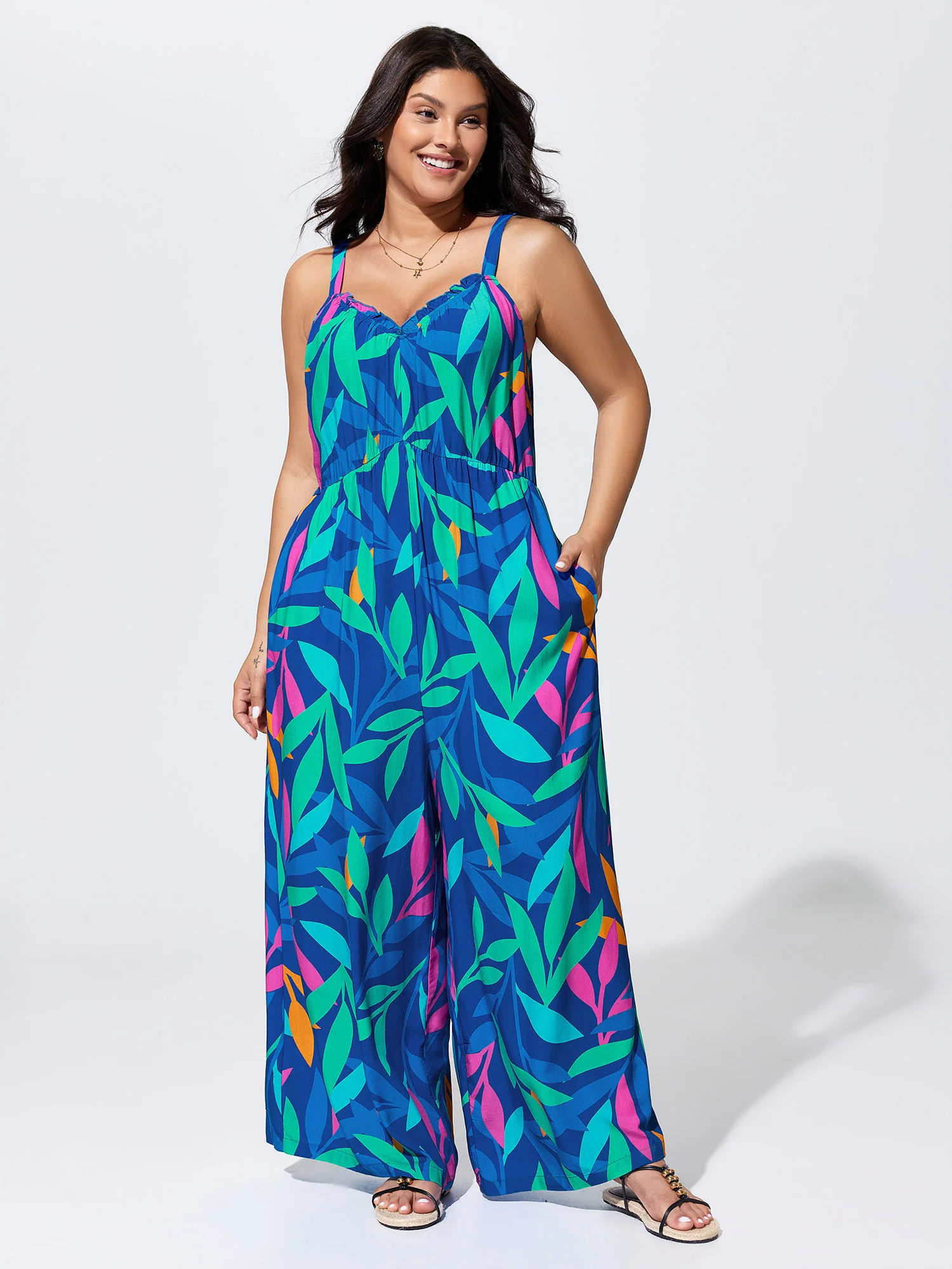 Tropical Print Pockets Sleeveless Jumpsuit