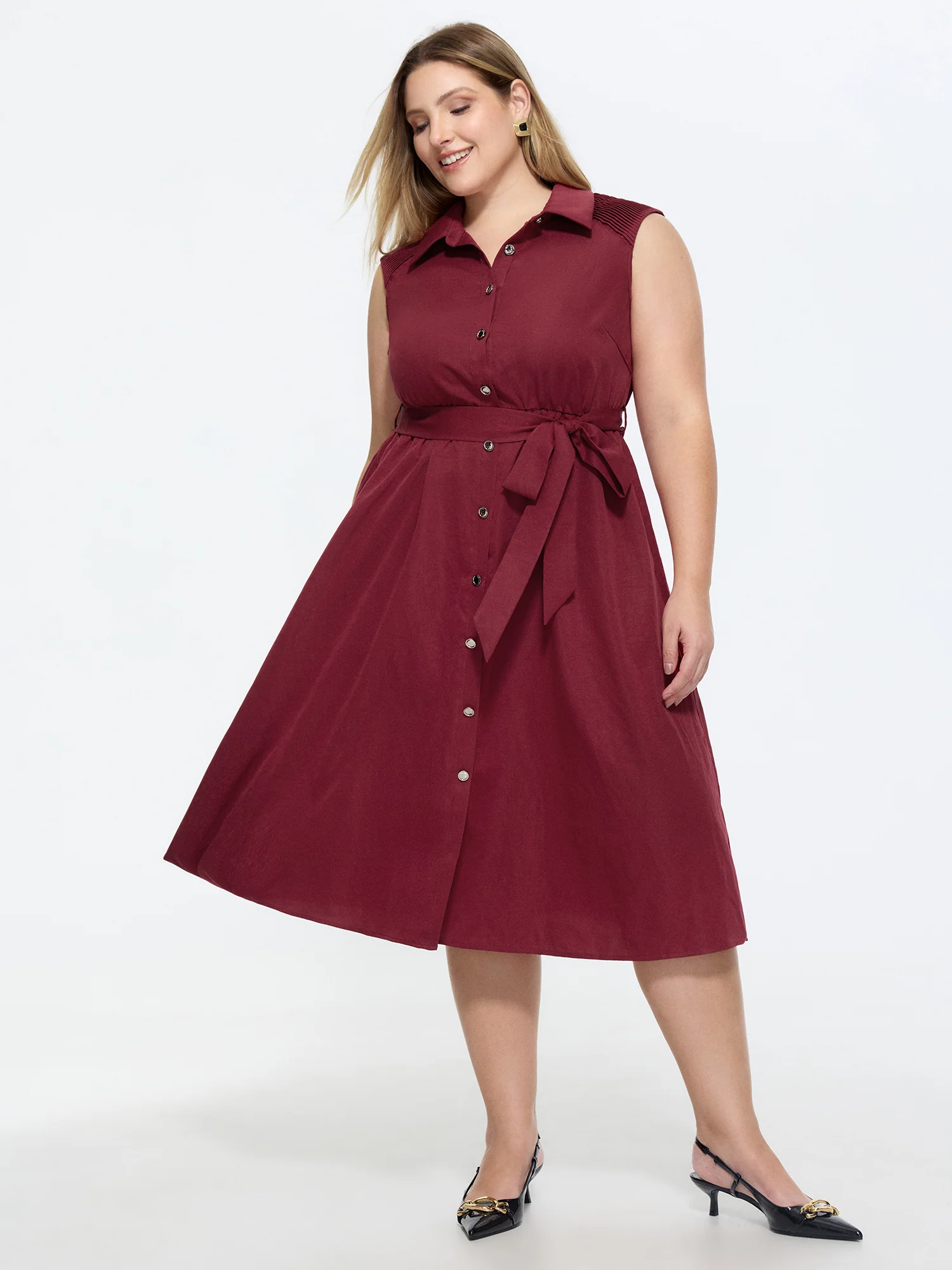 Elegant Waist-Tie Button Detail Midi Dress