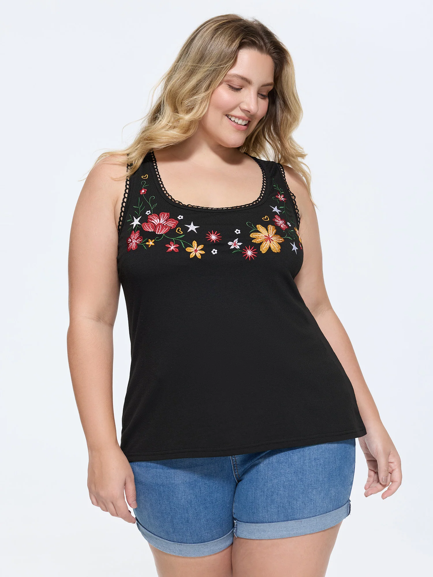 Supersoft Stretchy Floral Embroidered Tank Top