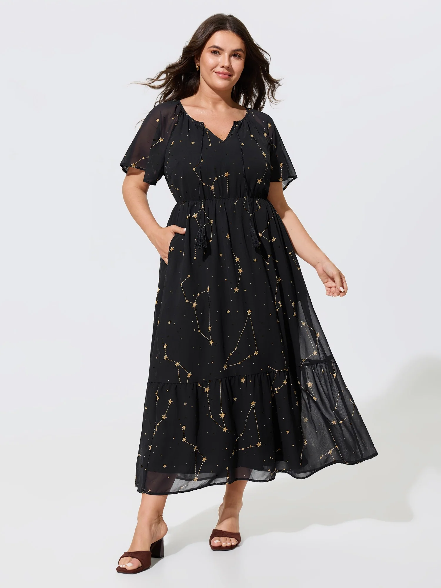 Constellation Print Tassel Tie Neck Maxi Dress