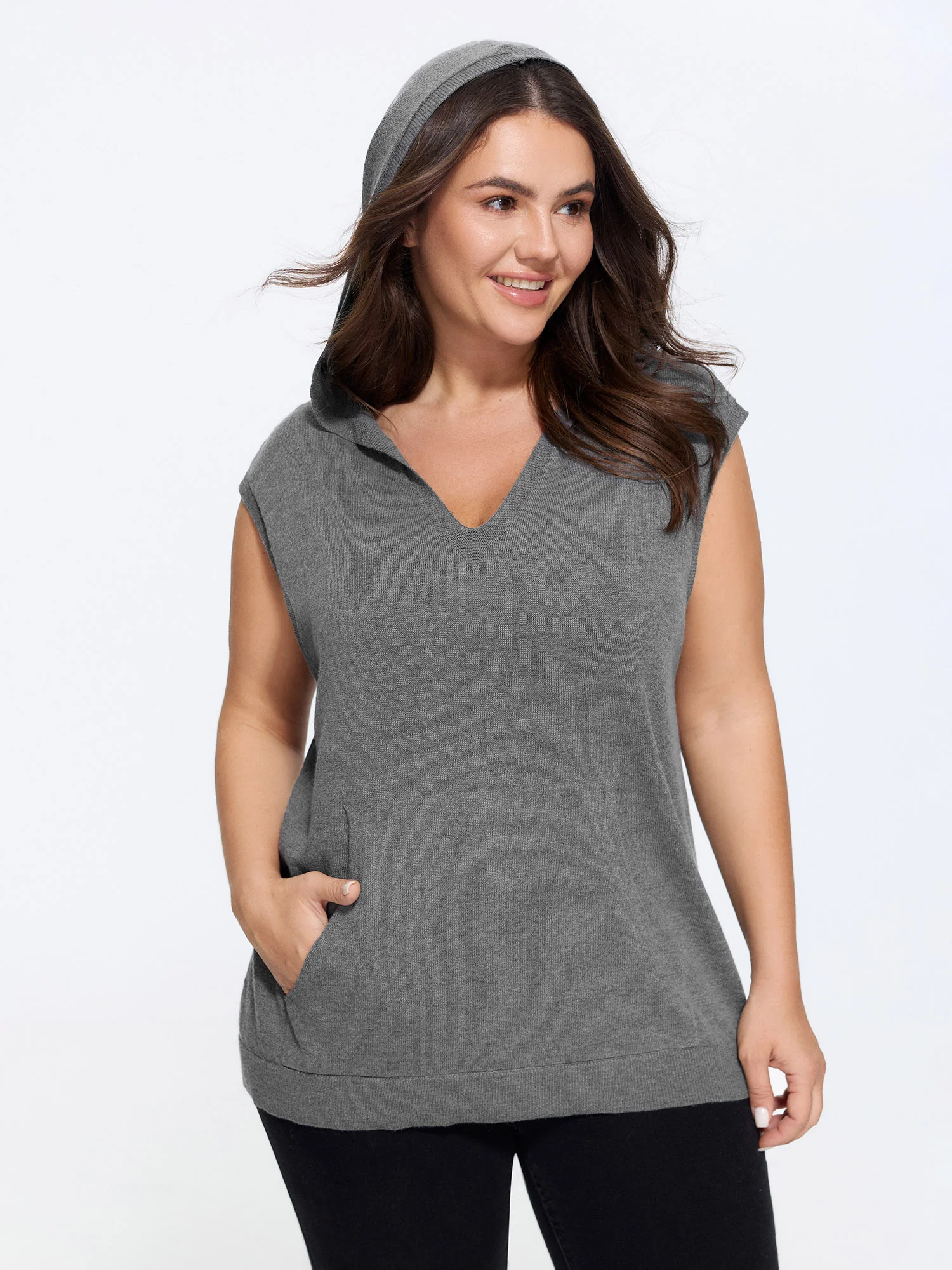 V Neck Hooded Pocket Sleeveless Sweater Vest