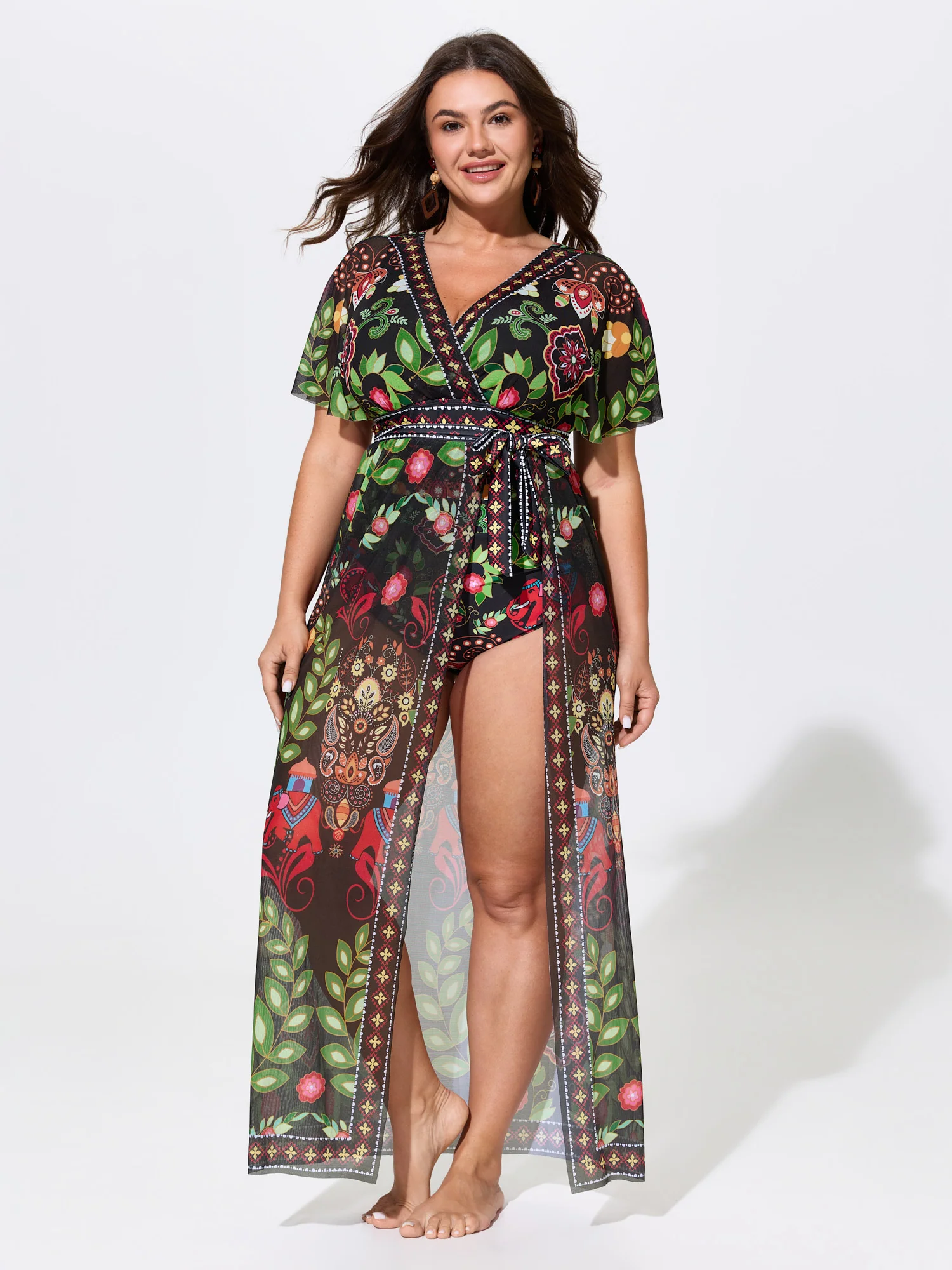 Sarong Set Tropical Print Sheer One-Piece Swim
