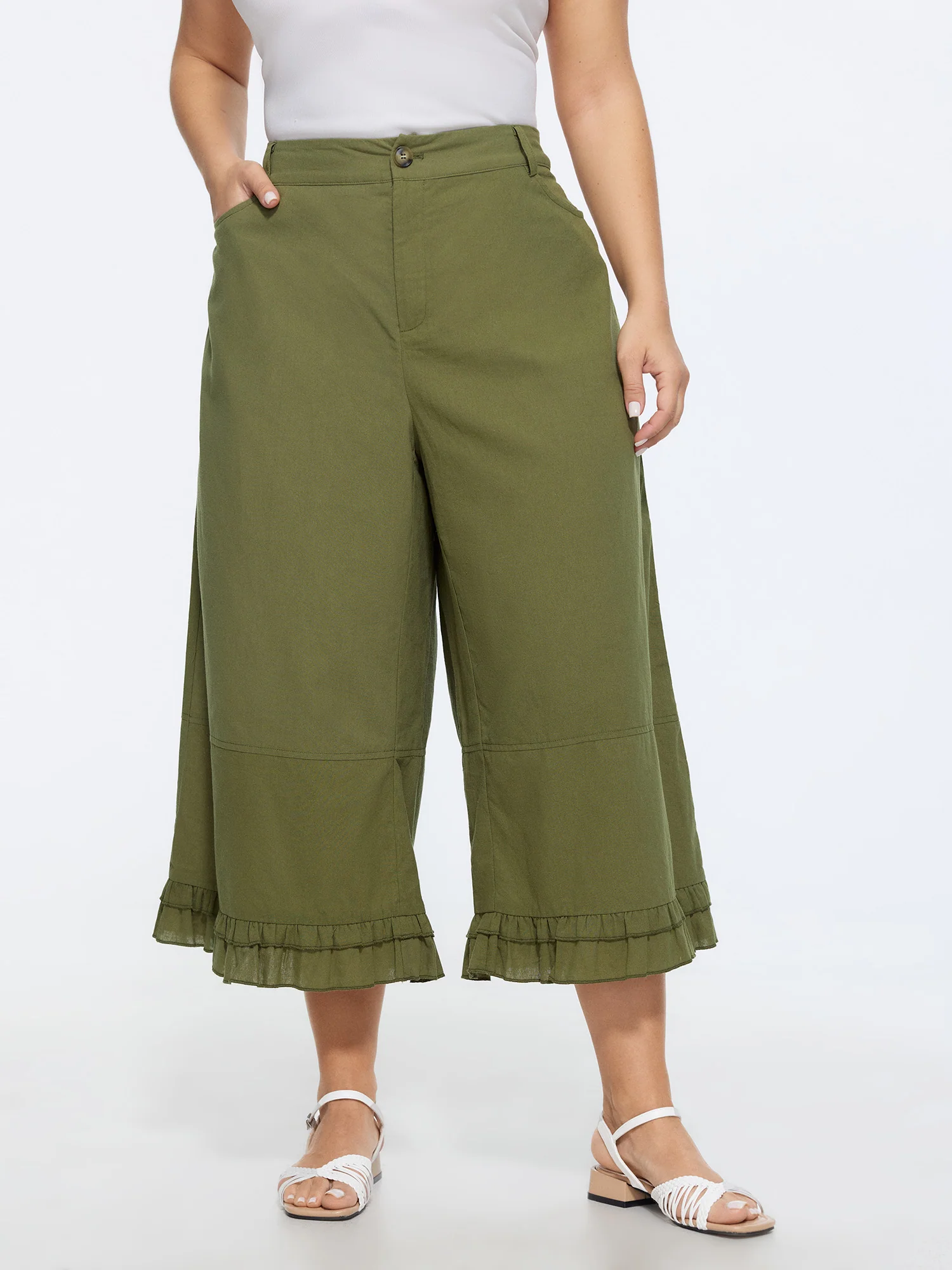Cotton Ruffled Hem Wide-Leg Pants