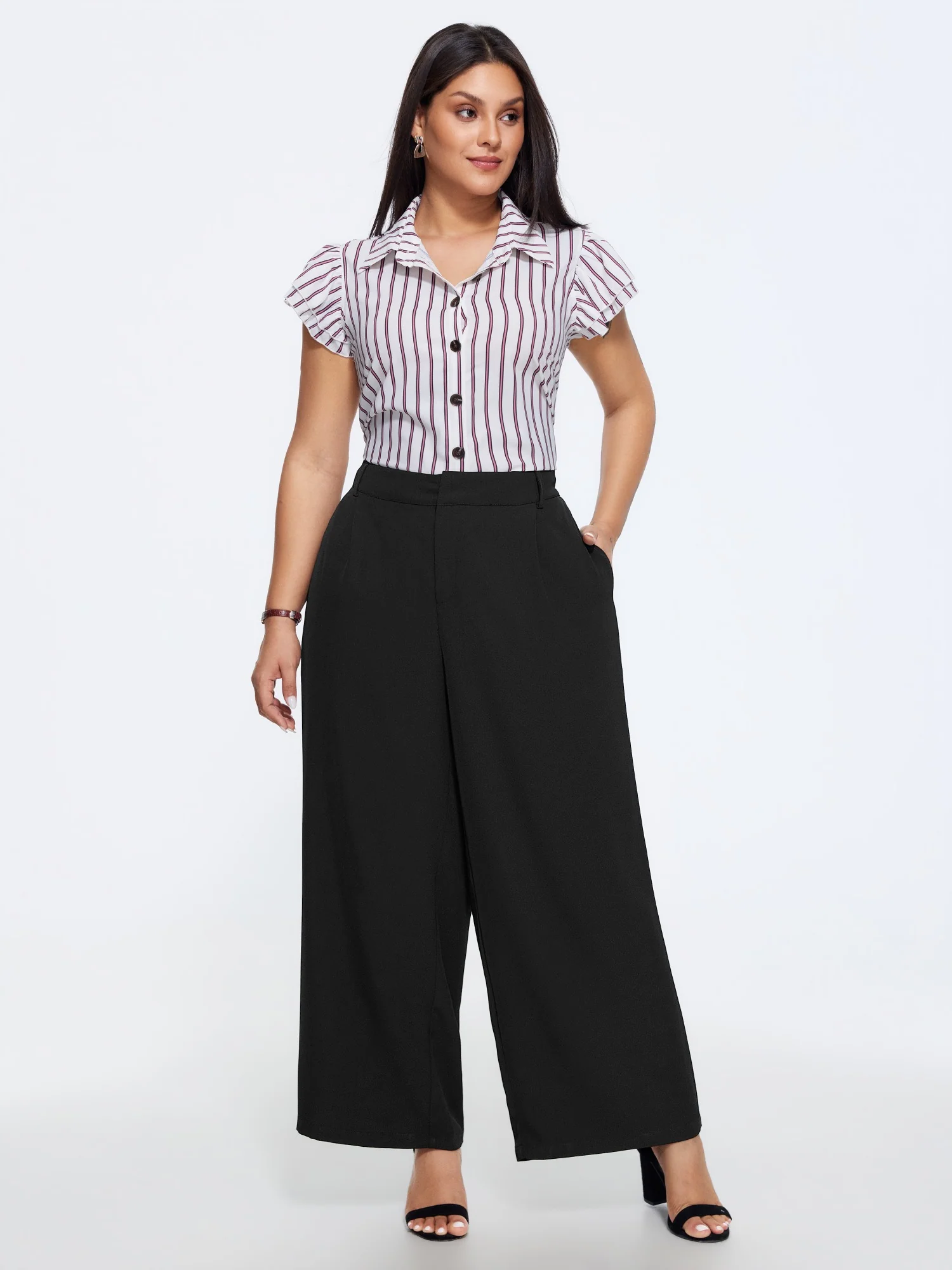 Solid High Waist Front Pleat Wide Leg Pants