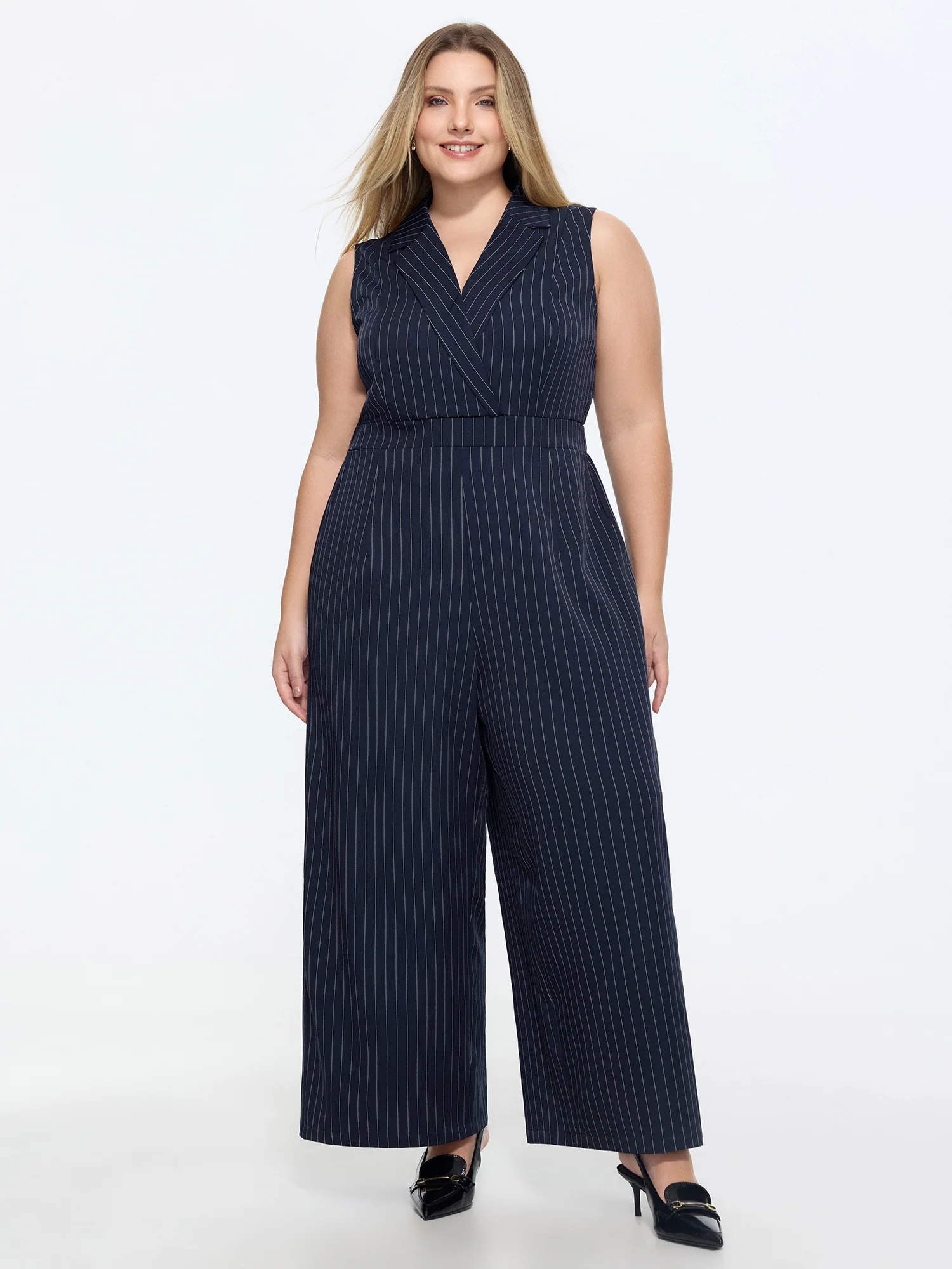 Striped Print Collared Sleeveless Jumpsuit